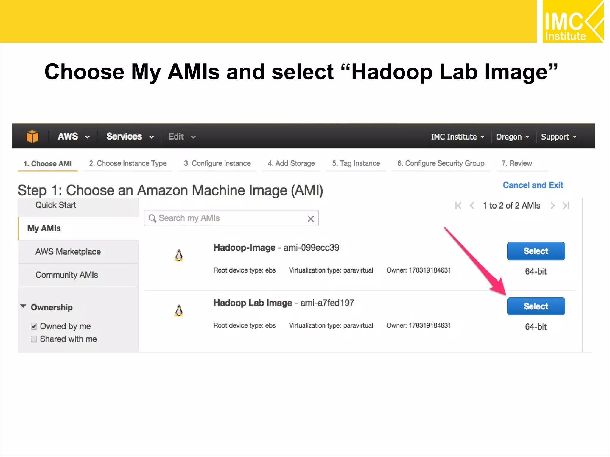 14
Choose My AMIs and select “Hadoop Lab Image”
 