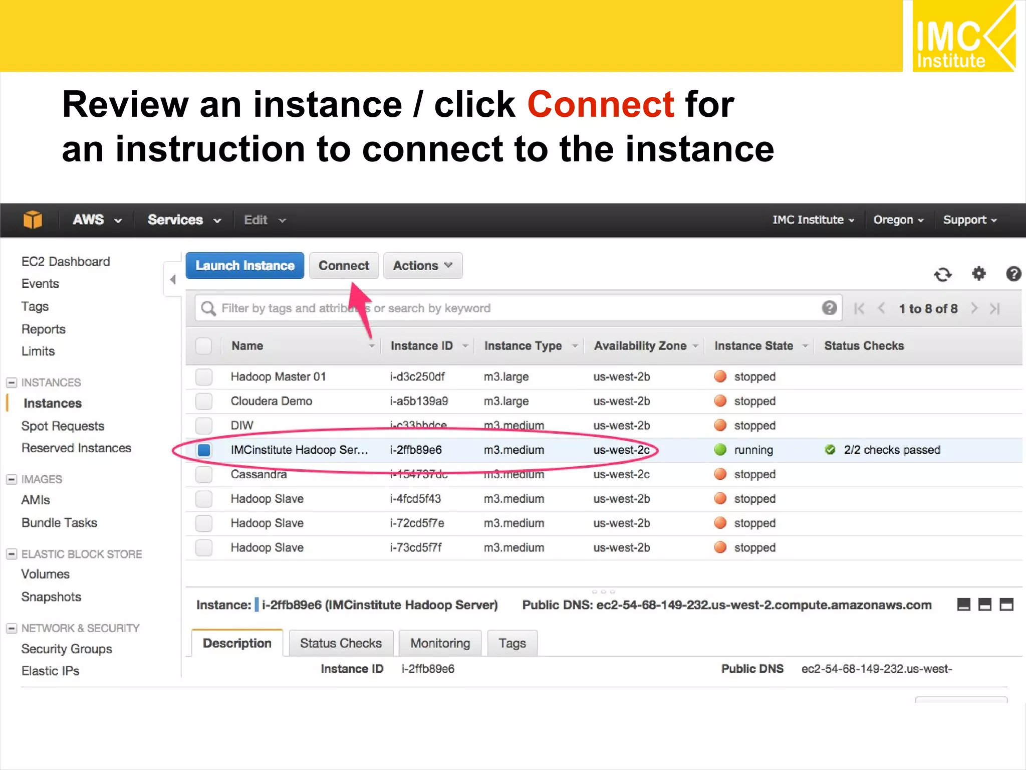 21
Review an instance / click Connect for
an instruction to connect to the instance
 