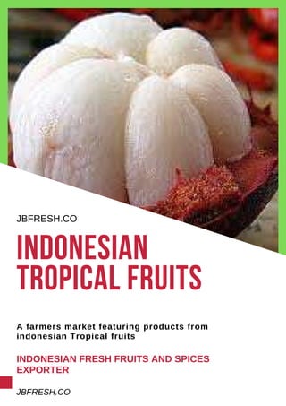 indonesian
tropical fruits
JBFRESH.CO
A farmers market featuring products from
indonesian Tropical fruits
INDONESIAN FRESH FRUITS AND SPICES
EXPORTER
JBFRESH.CO
 