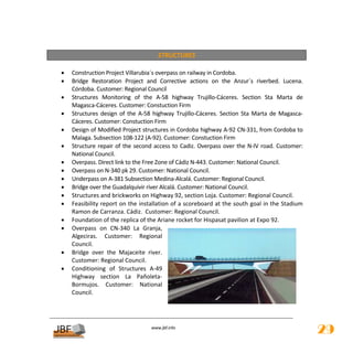 
                                             STRUCTURES 
 
    •   Construction Project Villarubia´s overpass on railway in Cordoba.  
    •   Bridge  Restoration  Project  and  Corrective  actions  on  the  Anzur´s  riverbed.  Lucena. 
        Córdoba. Customer: Regional Council 
    •   Structures  Monitoring  of  the  A‐58  highway  Trujillo‐Cáceres.  Section  Sta  Marta  de 
        Magasca‐Cáceres. Customer: Constuction Firm 
    •   Structures  design  of  the  A‐58  highway  Trujillo‐Cáceres.  Section  Sta  Marta  de  Magasca‐
        Cáceres. Customer: Constuction Firm 
    •   Design of Modified Project structures in Cordoba highway A‐92 CN‐331, from Cordoba to 
        Malaga. Subsection 108‐122 (A‐92). Customer: Constuction Firm 
    •   Structure  repair  of  the  second  access  to  Cadiz.  Overpass  over  the  N‐IV  road.  Customer: 
        National Council. 
    •   Overpass. Direct link to the Free Zone of Cádiz N‐443. Customer: National Council. 
    •   Overpass on N‐340 pk 29. Customer: National Council. 
    •   Underpass on A‐381 Subsection Medina‐Alcalá. Customer: Regional Council. 
    •   Bridge over the Guadalquivir river Alcalá. Customer: National Council. 
    •   Structures and brickworks on Highway 92, section Loja. Customer: Regional Council. 
    •   Feasibility report on the installation of a scoreboard at the south goal in the Stadium 
        Ramon de Carranza. Cádiz.  Customer: Regional Council. 
    •   Foundation of the replica of the Ariane rocket for Hispasat pavilion at Expo 92.  
    •   Overpass  on  CN‐340  La  Granja, 
        Algeciras.  Customer:  Regional 
        Council. 
    •   Bridge  over  the  Majaceite  river. 
        Customer: Regional Council. 
    •   Conditioning  of  Structures  A‐49 
        Highway  section  La  Pañoleta‐
        Bormujos.  Customer:  National 
        Council. 
 


                                           
                                                      
                                          www.jbf.info
                                                                                                               29
 