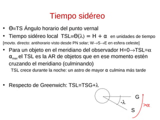 Tiempo sidéreo
• ΘTS Ángulo horario del punto vernal
• Tiempo sidéreo local TSLΘ(λ) = H + α en unidades de tiempo
[movto. directo: antihorario visto desde PN solar; W→S→E en esfera celeste]

• Para un objeto en el meridiano del observador H=0→TSL=α
αmer el TSL es la AR de objetos que en ese momento estén
cruzando el meridiano (culminando)
TSL crece durante la noche: un astro de mayor α culmina más tarde

• Respecto de Greenwich: TSL=TSG+λ
G

-λ
S

>α

 