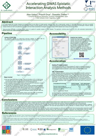 http://www.mrsymbiomath.eu
This work has been partially supported by the Mr.Symbiomath IAPP (Project Code: 324554); the ‘Plataforma de Recursos Biomoleculares y Bioinformaticos (ISCIII-PT13.0001.0012)’ and ‘Proyecto de Excelencia Junta de Andalucia
(P10-TIC-6108)’
Alex Upton1, Priscill Orue1, Oswaldo Trelles1,2
1 Computer Architecture Department, University of Malaga (UMA), Spain
2 RISC Software GmbH. Hagenberg, Austria
Abstract
It is widely agreed that complex diseases are typically caused by joint effects of multiple genetic variations, rather than a single genetic variation [1]. Multi-SNP interactions, also known as epistatic
interactions, have the potential to provide information about causes of complex diseases, and build on GWAS studies that look at associations between single SNPs and phenotypes. However, epistatic
analysis methods are both computationally expensive, and have limited accessibility for biologists wanting to analyse GWAS datasets due to being command line based.
Here we present APPistatic, a prototype desktop version of a pipeline for epistatic analysis of GWAS datasets. This application combines ease-of-use, via a GUI, with accelerated implementation of
BOOST [2] and FaST-LMM [3] epistatic analysis methods.
Pipeline
Conclusions
• Implementation of the analysis methods via a GUI results in improved accessibility, thereby making epistatic analysis tools a viable option for end users such as biologists that are not comfortable
with command line based tools. This allows further analysis of GWAS data sets, potentially building on existing analysis and resulting in additional genetic information being discovered.
• Notable improvement in execution time also obtained, compared to default execution of epistatic analysis tools. Future HPC deployment makes typical GWAS data set analysis feasible; a relatively
small GWAS dataset, with 100,000 SNPs that pass quality control, has 5x10-9 pairwise interactions, that would take approximately two years to calculate on a desktop computer. Using HPC, this
can be executed in a number of days, aiding in the analysis of genetic variants of disease.
• In addition, a cloud-based version of the pipeline could also be developed using Web services, which could be accessed via a client such as jORCA [6]. Cloud Computing allows researchers to rent
computational and storage resources on an ad-hoc basis for large scale data processing, allowing access to High Performance Computing. Furthermore, this implementation could join up with
existing cloud-based pipelines to create an all-in-one process. Additionally, we are exploring the option of exporting results directly to visualisation software for visual inspection of the results.
Accessibility
Analysis of GWAS Data
The application provides an easy-to-use all-in-one analysis of GWAS data by
incorporating a number of analysis steps which are shown in Figure 1 below.
Steps Involved
(1) End user loads GWAS files of interest. These can be either in VCF or PLINK format.
For end users with raw .CEL files, one recommended tool for obtaining VCF files is
the Cloud-based GWAS Analysis Pipeline for Clinical Researchers [4].
(2) Prior to epistatic analysis, it is of interest to carry out single SNP association analysis.
This is performed using the widely used tool PLINK [5].
(3) The next step is to carry out an epistatic analysis using an optimised implementation
of BOOST that takes advantage of the multi-core environment of modern computers.
(4) The next step is to use the FaST-LMM [3] analysis tools. Prior to using these, the user
files have to be converted to ensure compatibility. This is carried out in this step.
(5) The next step is to carry out a single SNP association analysis with FaST-LMM, that
corrects for population structure.
(6) The final step is to carry out an epistatic analysis using FaST-LMM. As with BOOST,
implementation has been optimised to take advantage of multiple cores.
Acceleration
Desktop PC Implementation
The execution of APPistatic on a typical desktop PC results in a speedup of between 4
and 8 times for epistatic analysis, depending on the number of cores. The screenshot
above shows the default acceleration, using 4 tasks and 256MB RAM per task.
HPC Implementation
Greater speedup making the analysis of typical GWAS datasets feasible is obtained by
using High Performance Computing (HPC). Initial HPC deployment using 100 cores
shows a promising speedup of over 114 times. Table 2 below shows the execution times
for BOOST and FaST-LMM epistatic analysis for a demo data set for both a typical
desktop PC running Windows, and initial HPC deployment. It should be noted that the
demo data set contains 10,000 SNPs. The faster execution time of BOOST is due to the
use of a linear regression model, compared to the linear mixed method model used by
FaST-LMM.
Computational Environment BOOST Epistatic
Execution Time (s)
FaST-LMM Epistatic
Execution Time (s)
Standard Implementation (a) 25.4 15123
Appistatic Deployed on Desktop PC (b) 4.8 1903
Deployment on HPC (c) 1.2 132
(a) Default execution of applications from command line on Desktop PC (detailed below)
(b) Desktop PC with Intel Core 2 Quad 2.66 GHz CPU and 4GB RAM running Windows 7
(c) Split into 100 tasks with 4 cores and 8GB ram assigned to each task
References
[1] Anunciação, Orlando, Susana Vinga, and Arlindo L. Oliveira. "Using Information Interaction to Discover Epistatic Effects in Complex Diseases." PloS one 8, no. 10 (2013): e76300.
[2] Wan, Xiang, Can Yang, Qiang Yang, Hong Xue, Xiaodan Fan, Nelson LS Tang, and Weichuan Yu. "BOOST: A fast approach to detecting gene-gene interactions in genome-wide case-control studies." The American Journal of Human Genetics 87, no. 3 (2010):
325-340.
[3] Lippert, Christoph, Jennifer Listgarten, Ying Liu, Carl M. Kadie, Robert I. Davidson, and David Heckerman. "FaST linear mixed models for genome-wide association studies." Nature Methods 8, no. 10 (2011): 833-835.
[4] P. Heinzlreiter, J. Perkins, O. Torreñno Tirado, J. Karlsson, A. Mitterecker, M. Blanca and O. Trelles. "A Cloud-based GWAS Analysis Pipeline for Clinical Researchers" 4th International Conference on Cloud Computing and Services Science, CLOSER 2014.
[5] Purcell, Shaun, Benjamin Neale, Kathe Todd-Brown, Lori Thomas, Manuel AR Ferreira, David Bender, Julian Maller et al. "PLINK: a tool set for whole-genome association and population-based linkage analyses." The American Journal of Human Genetics 81, no.
3 (2007): 559-575.
[6] Martín-Requena, Victoria, Javier Ríos, Maximiliano García, Sergio Ramírez, and Oswaldo Trelles. "jORCA: easily integrating bioinformatics Web Services." Bioinformatics 26, no. 4 (2010): 553-559.
Figure 1: Overview of Pipeline
Graphical User Interface
Providing GUI access to epistatic analysis
methods, along with single SNP association
methods, improves their accessibility as multiple
tools are accessed in the same manner,
allowing targeted non-expert computer users,
e.g. biologists, to easily analyse their GWAS
datasets without having to learn different
commands for each tool. The GUI is shown in
Figure 2 on the left. Note the easily configurable
options for acceleration. The prototype version
of APPistatic can be downloaded from:
Figure 2: Implementation Results
http://chirimoyo.ac.uma.es/appistaticFigure 2: APPistatic GUI
 