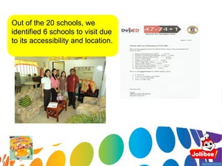 Out of the 20 schools, we
identified 6 schools to visit due
to its accessibility and location.
 