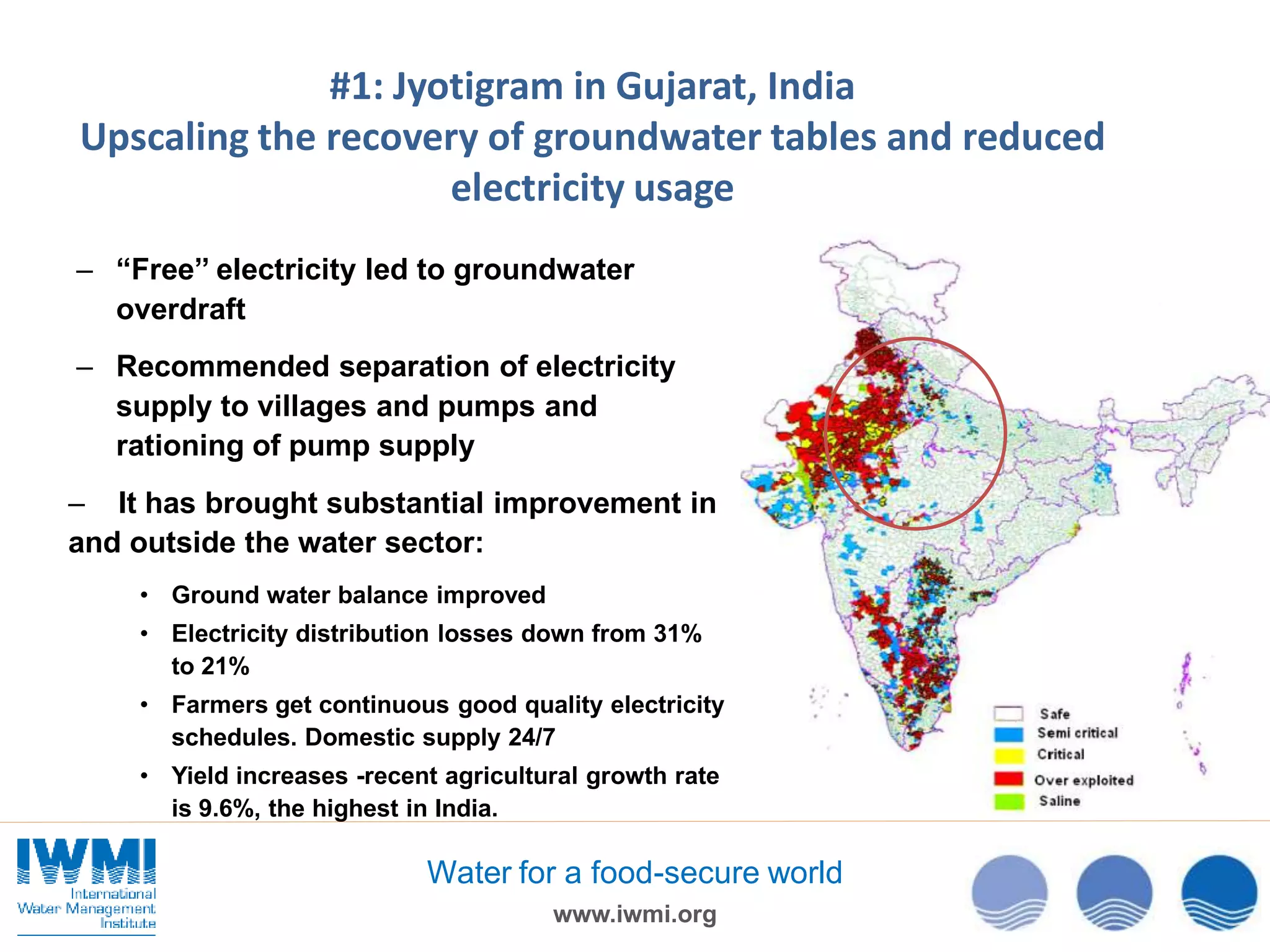 #1: Jyotigram in Gujarat, India
Upscaling the recovery of groundwater tables and reduced
electricity usage
– “Free’’ electricity led to groundwater
overdraft
– Recommended separation of electricity
supply to villages and pumps and
rationing of pump supply
– It has brought substantial improvement in
and outside the water sector:
• Ground water balance improved

• Electricity distribution losses down from 31%
to 21%
• Farmers get continuous good quality electricity
schedules. Domestic supply 24/7
• Yield increases -recent agricultural growth rate
is 9.6%, the highest in India.

Water for a food-secure world
www.iwmi.org

 