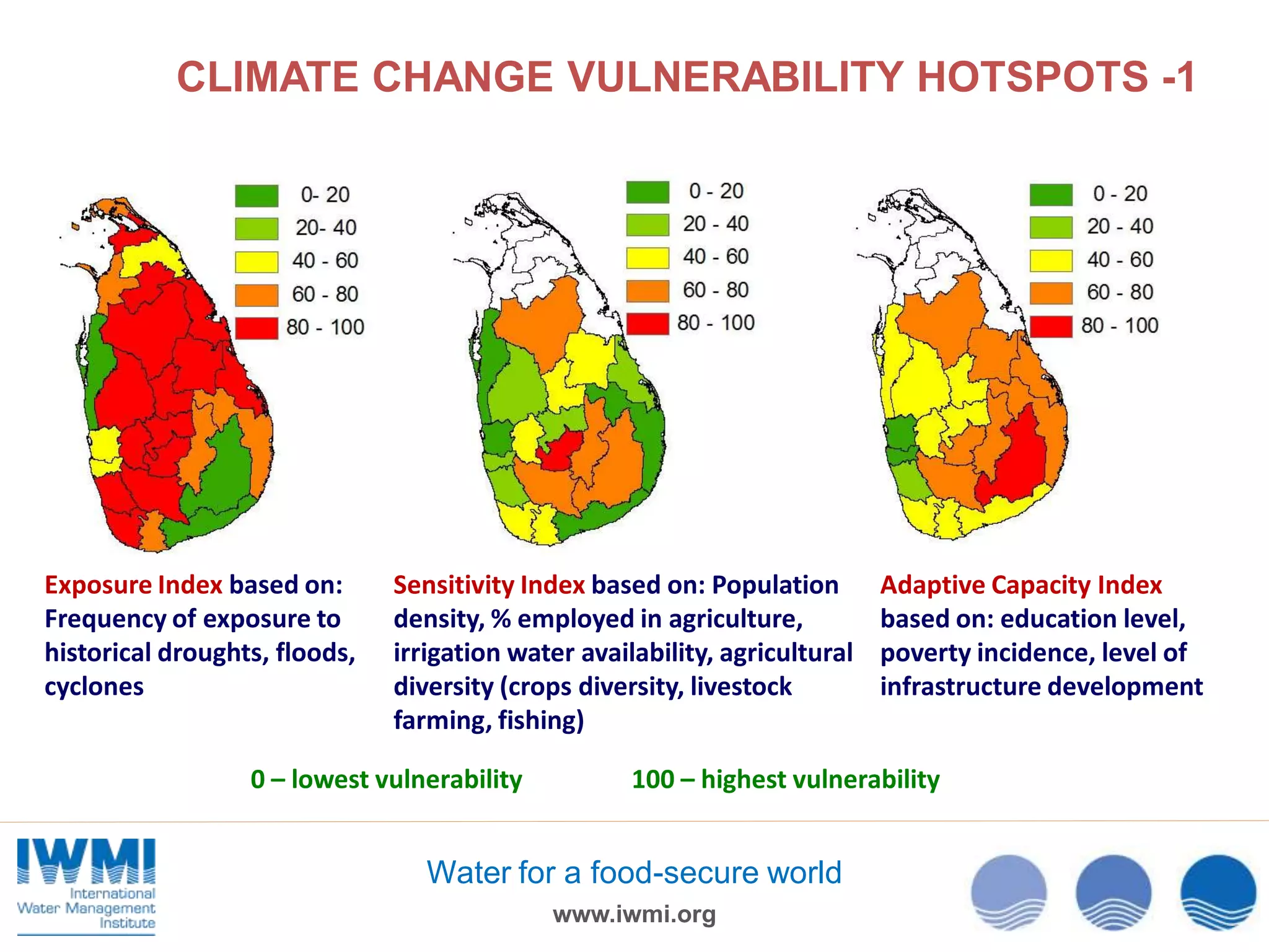 CLIMATE CHANGE VULNERABILITY HOTSPOTS -1

Exposure Index based on:
Frequency of exposure to
historical droughts, floods,
cyclones

Sensitivity Index based on: Population
density, % employed in agriculture,
irrigation water availability, agricultural
diversity (crops diversity, livestock
farming, fishing)

0 – lowest vulnerability

Adaptive Capacity Index
based on: education level,
poverty incidence, level of
infrastructure development

100 – highest vulnerability

Water for a food-secure world
www.iwmi.org

 