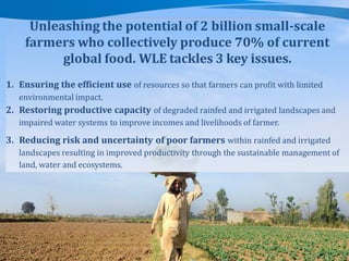 Unleashing the potential of 2 billion small-scale
farmers who collectively produce 70% of current
global food. WLE tackles 3 key issues.
1. Ensuring the efficient use of resources so that farmers can profit with limited
environmental impact.

2. Restoring productive capacity of degraded rainfed and irrigated landscapes and
impaired water systems to improve incomes and livelihoods of farmer.

3. Reducing risk and uncertainty of poor farmers within rainfed and irrigated
landscapes resulting in improved productivity through the sustainable management of
land, water and ecosystems.

 