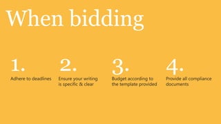 When bidding
Adhere to deadlines Ensure your writing
is specific & clear
Budget according to
the template provided
Provide...