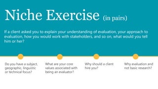 Niche Exercise (in pairs)
If a client asked you to explain your understanding of evaluation, your approach to
evaluation, ...