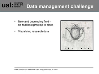 Data management challenge
• New and developing field –
no real best practice in place
• Visualising research data
Image copyright Lucy Rie Archive, Crafts Study Centre, UCA via VADS
 