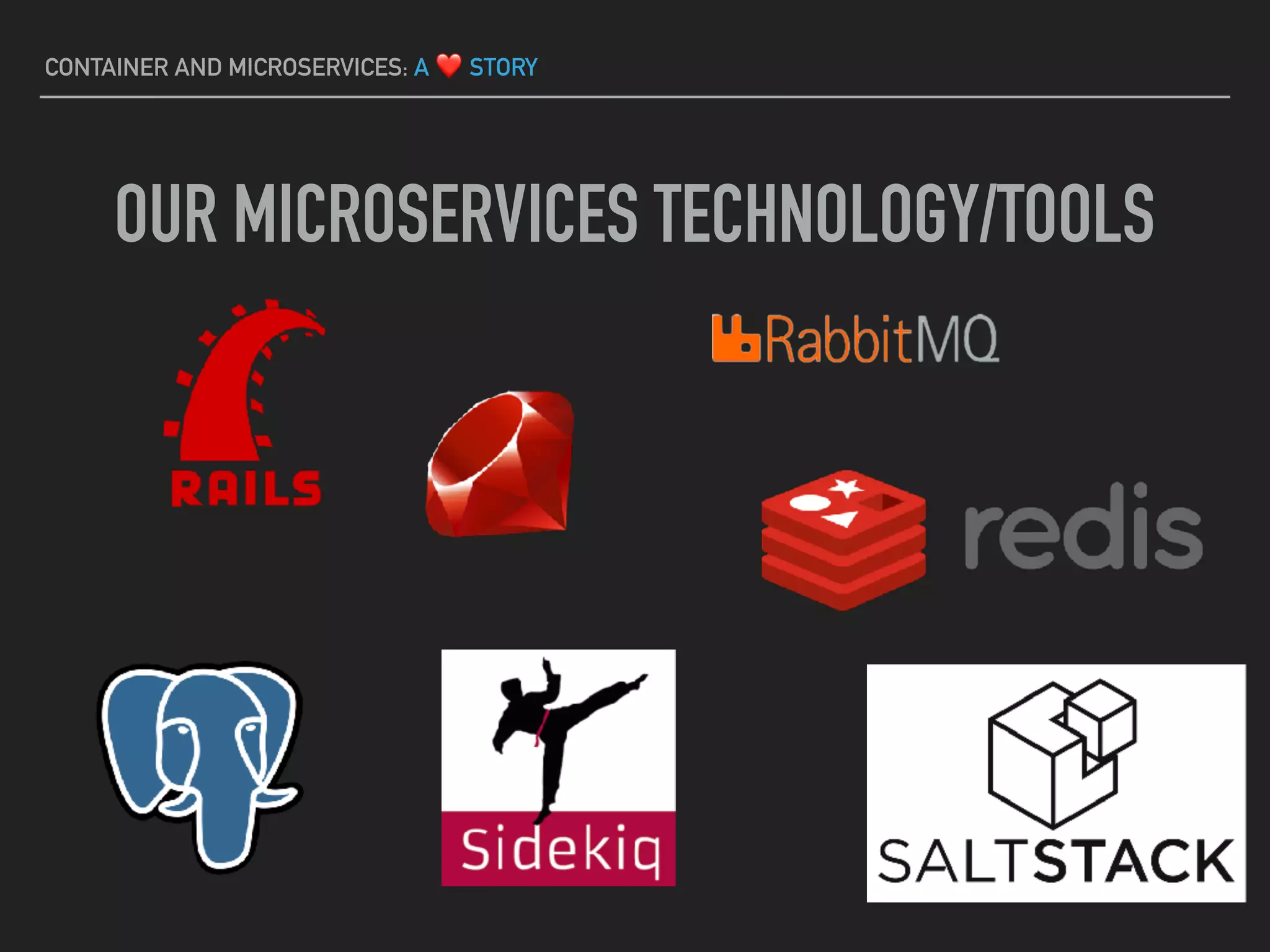 OUR MICROSERVICES TECHNOLOGY/TOOLS
CONTAINER AND MICROSERVICES: A ❤ STORY
 