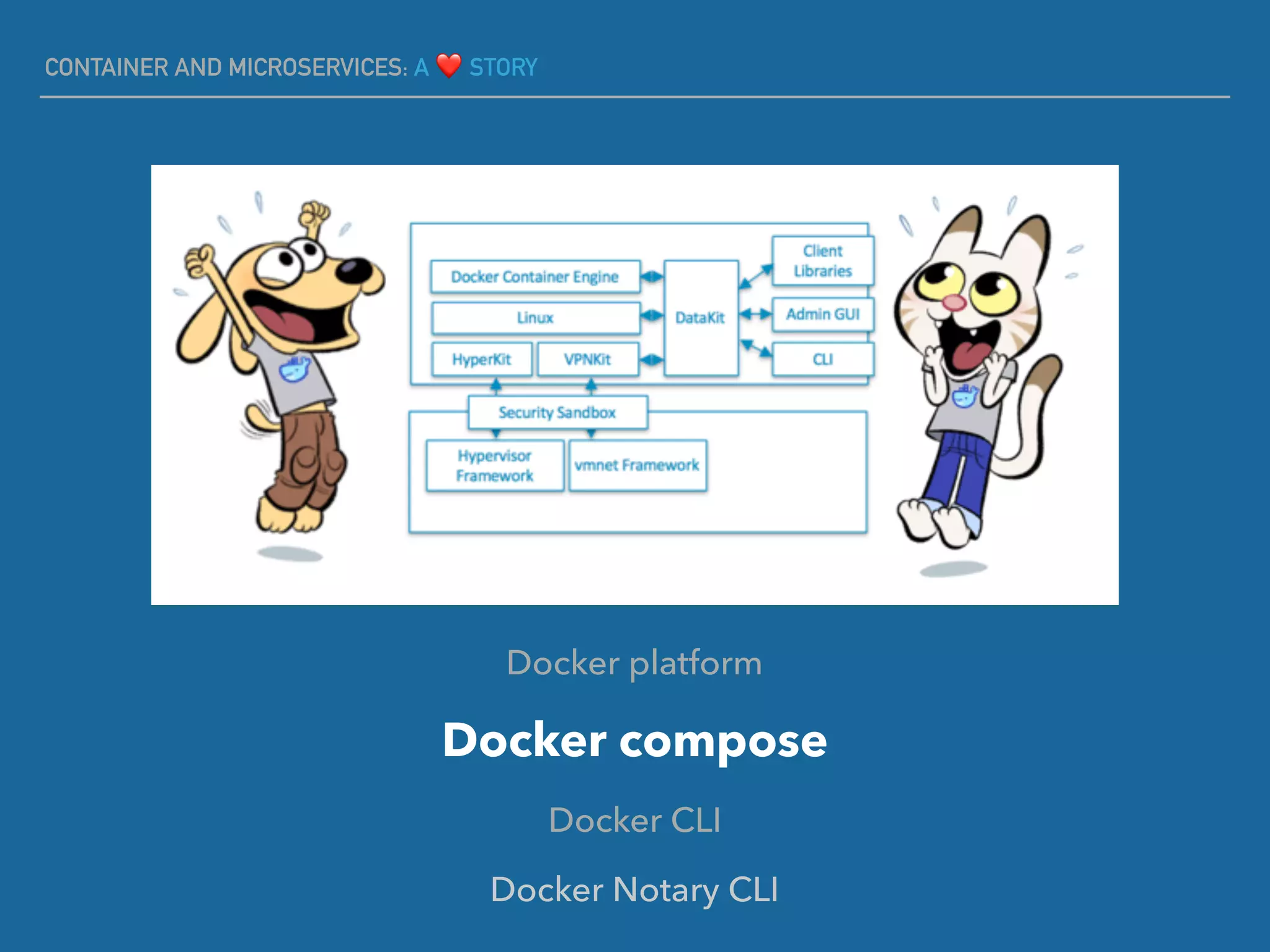 CONTAINER AND MICROSERVICES: A ❤ STORY
Docker platform
Docker compose
Docker CLI
Docker Notary CLI
 