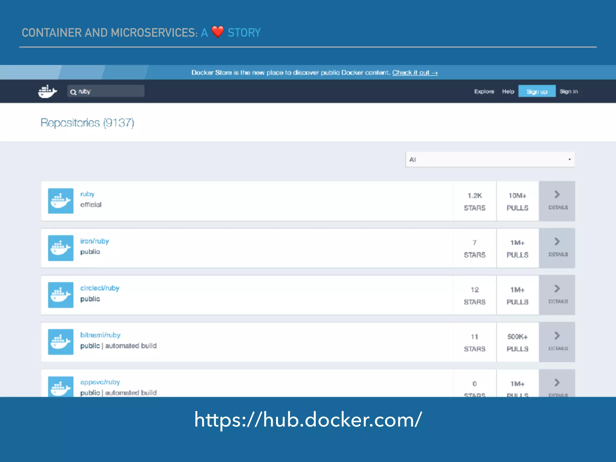 CONTAINER AND MICROSERVICES: A ❤ STORY
https://hub.docker.com/
 