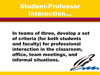 Student-Professor
Interaction...
In teams of three, develop a set
of criteria (for both students
and faculty) for professional
interaction in the classroom,
office, team meetings, and
informal situations.
 
