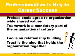 Professionalism is Key to
Career Success
Professionals agree to organization-
wide shared values
Teamwork is a mandatory part of
the organizational culture
Focus on relationship building
Trust is the glue that holds the
organization together
• Adapted from: David H. Maister (1997) True Professionalism, New York: The Free Press.
 