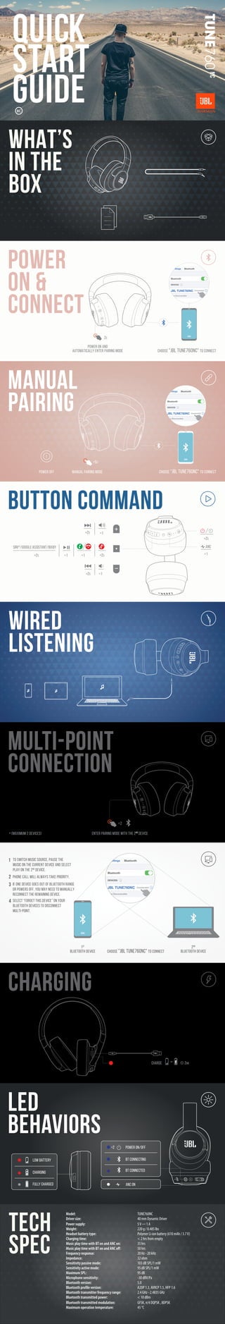 WHAT’S
IN THE
BOX
quick
start
guide
POWER ON AND
AUTOMATICALLY ENTER PAIRING MODE Choose "JBL TUNE760NC" to connect
ON
Settings Bluetooth
Bluetooth
DEVICES
JBL TUNE760NC
Now Discoverable
Connected
Choose "JBL TUNE760NC" to connect
Manual pairing mode
POWER OFF
Siri®
/Google Assistant/Bixby
ENTER PAIRING MODE WITH THE 2nd
DEVICE
* (Maximum 2 devices)
led
behaviors
Wired
listening
Manual
Pairing
TUNE
760
NC
ANC
ON
Settings Bluetooth
Bluetooth
DEVICES
JBL TUNE760NC
Now Discoverable
Connected
TECH
SPEC
>5S
×1
>2S ×1
×1 >2S
>2S
×1
×1
>2S
>2S
Low battery
CHARGING
FULLY CHARGED
BT CONNECTING
BT connected
POWER ON/OFF
×2
ANC ON
power
on &
connect
BUTTON COMMAND
Multi-point
connection
1 To switch music source, pause the
music on the current device and select
play on the 2nd
device.
2 Phone call will always take priority.
3 If one device goes out of bluetooth range
or powers off, you may need to manually
reconnect the remaining device.
4 SELECT “forget this device” on your
bluetooth devices to disconnect
multi-point.
1st
bluetooth device
2nd
bluetooth device
Choose "JBL TUNE760NC" to connect
ON
Settings Bluetooth
Bluetooth
DEVICES
JBL TUNE760NC
Now Discoverable
Connected
Charging
×2
2S
Model: TUNE760NC
Driver size: 40 mm Dynamic Driver
Power supply: 5V 1 A
Weight: 220 g / 0.485 lbs
Headset battery type: Polymer Li-ion battery (610 mAh / 3.7V)
Charging time: < 2 hrs from empty
Music play time with BT on and ANC on: 35 hrs
Music play time with BT on and ANC off: 50 hrs
Frequency response: 20 Hz - 20 kHz
Impedance: 32 ohm
Sensitivity passive mode: 103 dB SPL/1 mW
Sensitivity active mode: 95 dB SPL/1 mW
Maximum SPL: 95 dB
Microphone sensitivity: -30 dBV/Pa
Bluetooth version: 5.0
Bluetooth profile version: A2DP 1.3, AVRCP 1.5, HFP 1.6
Bluetooth transmitter frequency range: 2.4 GHz - 2.4835 GHz
Bluetooth transmitted power: < 10 dBm
Bluetooth transmitted modulation: GFSK, π/4 DQPSK , 8DPSK
Maximum operation temperature: 45 °C
 