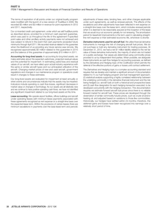 JETBLUE AIRWAYS CORPORATION - 2012 10K38
PART II  
ITEM 7 Management’s Discussion and Analysis of Financial Condition and Results of Operations
The terms of expiration of all points under our original loyalty program
were modiﬁed with the launch of a new version of TrueBlue in 2009. We
recorded $5 million and $3 million in revenue for point expirations in 2012
and 2011, respectively.
Our co-branded credit card agreement, under which we sell TrueBlue points
as described above, provided for a minimum cash payment guarantee,
which was paid to us throughout the life of the agreement if speciﬁed
point sales and other ancillary activity payments were not achieved and
was subject to refund in the event that cash payments exceeded future
minimums through April 2011. We recorded revenue related to this guarantee
when the likelihood of us providing any future service was remote. We
recognized approximately $5 million related to this guarantee in 2010
and the balance of this guarantee of approximately $10 million in 2011.
Accounting for long-lived assets. In accounting for long-lived assets, we
make estimates about the expected useful lives, projected residual values
and the potential for impairment. In estimating useful lives and residual
values of our aircraft, we have relied upon actual industry experience with
the same or similar aircraft types and our anticipated utilization of the
aircraft. Changing market prices of new and used aircraft, government
regulations and changes in our maintenance program or operations could
result in changes to these estimates.
Our long-lived assets are evaluated for impairment at least annually or
when events and circumstances indicate that the assets may be impaired.
Indicators include operating or cash ﬂow losses, signiﬁcant decreases in
market value or changes in technology. As our assets are all relatively new
and we continue to have positive operating cash ﬂows, we have not identiﬁed
any signiﬁcant impairment related to our long-lived assets at this time.
Lease accounting. We operate airport facilities, ofﬁces buildings and aircraft
under operating leases with minimum lease payments associated with
these agreements recognized as rent expense on a straight-line basis over
the expected lease term. Within the provisions of certain leases there are
minimum escalations in payments over the base lease term and periodic
adjustments of lease rates, landing fees, and other charges applicable
under such agreements, as well as renewal periods. The effects of the
escalations and other adjustments have been reﬂected in rent expense on
a straight-line basis over the lease term, which includes renewal periods
when it is deemed to be reasonably assured at the inception of the lease
that we would incur an economic penalty for not renewing. The amortization
period for leasehold improvements is the term used in calculating straight-
line rent expense or their estimated economic life, whichever is shorter.
Derivative instruments used for aircraft fuel. We utilize ﬁnancial derivative
instruments to manage the risk of changing aircraft fuel prices. We do
not purchase or hold any derivative instrument for trading purposes. At
December 31, 2012, we had a net $1 million liability related to the net fair
value of these derivative instruments; the majority of which are not traded
on a public exchange. Fair values are determined using commodity prices
provided to us by independent third parties. When possible, we designate
these instruments as cash ﬂow hedges for accounting purposes, as deﬁned
by the Derivatives and Hedging topic of the Codiﬁcation which permits the
deferral of the effective portions of gains or losses until contract settlement.
The Derivatives and Hedging topic is a complex accounting standard and
requires that we develop and maintain a signiﬁcant amount of documentation
related to (1) our fuel hedging program and fuel management approach,
(2) statistical analysis supporting a highly correlated relationship between
the underlying commodity in the derivative ﬁnancial instrument and the risk
being hedged (i.e. aircraft fuel) on both a historical and prospective basis
and (3) cash ﬂow designation for each hedging transaction executed, to be
developed concurrently with the hedging transaction. This documentation
requires we estimate forward aircraft fuel prices since there is no reliable
forward market for aircraft fuel. These prices are developed through the
observation of similar commodity futures prices, such as crude oil and/or
heating oil, and adjusted based on variations to those like commodities.
Historically, our hedges have settled within 24 months; therefore, the
deferred gains and losses have been recognized into earnings over a
relatively short period of time.
 