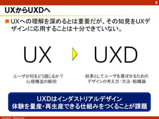 9

   ＵＸからＵＸＤへ
    UXへの理解を深めるとは重要だが、その知見をUXデ
     ザインに応用することは十分できていない。




                       ＵＸ       ＵＸＤ
              ユーザが何をどう感じるか？   結果としてユーザを喜ばせるための
                 心理構造の解明       デザインの考え方・方法・組織論



                  ＵＸＤはインダストリアルデザイン
              体験を量産・再生産できる仕組みをつくることが課題
Copyright ©   Masaya Ando
 