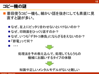 15

   コピー機の謎
    普段使うコピー機も、細かい話を抜きにしても素直に見
     直すと謎が多い。

               なぜ、左上にピッタリ合わせないといけないのか？
               なぜ、印刷面をひっくり返すのか？
               なぜ、いつも「デタトコ勝負」にならざるをえないのか？
               「節電」って何？
               ・・・

                            処理法を予め教え込んで、処理してもらうもの
                               機械にお願いするタイプの体験


                            知識や正しいメンタルモデルがないと難しい
Copyright ©   Masaya Ando
 