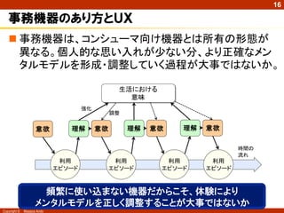 16

   事務機器のあり方とＵＸ
    事務機器は、コンシューマ向け機器とは所有の形態が
     異なる。個人的な思い入れが少ない分、より正確なメン
     タルモデルを形成・調整していく過程が大事ではないか。

                                                生活における
                                                  意味
                                    強化
                                              調整


                    意欲         理解        意欲        理解   意欲   理解   意欲

                                                                          時間の
                                                                          流れ
                             利用                利用         利用       利用
                            エピソード             エピソード      エピソード    エピソード



                      頻繁に使い込まない機器だからこそ、体験により
                    メンタルモデルを正しく調整することが大事ではないか
Copyright ©   Masaya Ando
 