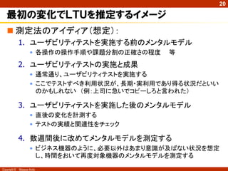 20

   最初の変化でＬＴＵを推定するイメージ
    測定法のアイディア（想定）：
              1. ユーザビリティテストを実施する前のメンタルモデル
                     • 各操作の操作手順や課題分割の正確さの程度   等
              2. ユーザビリティテストの実施と成果
                     • 通常通り、ユーザビリティテストを実施する
                     • ここでテストすべき利用状況が、長期・実利用であり得る状況だといい
                       のかもしれない （例：上司に急いでコピーしろと言われた）

              3. ユーザビリティテストを実施した後のメンタルモデル
                     • 直後の変化を計測する
                     • テストの実績と関連性をチェック

              4. 数週間後に改めてメンタルモデルを測定する
                     • ビジネス機器のように、必要以外はあまり意識が及ばない状況を想定
                       し、時間をおいて再度対象機器のメンタルモデルを測定する

Copyright ©   Masaya Ando
 