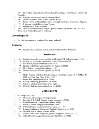  1957 - Feroz Khan Noon substitui Ibrahim Ismail Chundrigar como Primeiro Ministro do
Paquistão.
 1964 - Editada a lei que regula o condomínio no Brasil
 1963 - Quênia é admitido como Estado-Membro da ONU
 1971 - Dia da Vitória em Bangladesh: marca a rendição das tropas invasoras do Paquistão
 1974 - É formada a União Democrática Popular
 1991 - Independência do Cazaquistão
 1998 - Crise do disarmamento no Iraque: Operação Raposa do Deserto - Os E.U.A e o
Reino Unido bombardeiam alvos no Iraque.
Cinematografia
 Em 2005 estreou a nova versão de King Kong no Brasil
Desporto
 1900 - Fundação do Alemannia Aachen, um clube de futebol da Alemanha.
Nascimentos
 1485 - Catarina de Aragão, primeira mulher de Henrique VIII de Inglaterra (m. 1536)
 1770 - Ludwig van Beethoven , compositor erurito alemão (m.1827)
 1775 - Jane Austen, romancista britânica (m. 1817)
 1790 - Leopoldo I da Bélgica, primeiro Rei dos Belgas (m.1895)
 1834 - Léon Walras, economista francês (m. 1910)
 1863 - George Santayana, filósofo espanhol (m. 1952)
 1865
o Madre Paulina - ítalo-brasileira proclamada oficialmente Santa em 19 de Maio de
2002 pelo Papa João Paulo II. {m. 1942}
o Olavo Bilac, poeta brasileiro (m. 1918)
 1866 - Wassily Kandinsky, pintor russo (m. 1944)
 1917 - Arthur C. Clark, romancista de ficção inglês
 1928 - Philip K. Dick, escritor estadunidense (m. 1982)
Oriente Eterno
 882 - Papa João VIII
 1515 - Afonso de Albuquerque, militar português
 1751 - Leopoldo II de Anhalt-Dessau, general prussiano (n. 1700)
 1774 - François Quesnay, economista francês (n. 1694)
 1783 - Johann A. Hasse, compositor alemão (n. 1699)
 1859 - Wilhelm Grimm, escritor e folclorista alemão (n. 1786)
 1909 - Princesa Adelaide de Löwenstein-Wertheim-Rosenberg (n. 1831)
 1916 - Grigori Rasputin, monge russo (n. 1864)
 1921 - Camille Saint-Saëns, compositor, pianista e organista francês (n. 1835)
 1922 - Gabriel Narutowicz, primeiro presidente da Polônia (n. 1865)
 