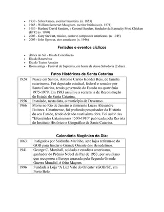  1930 - Silva Ramos, escritor brasileiro. (n. 1853)
 1965 - William Somerset Maugham, escritor britânico (n. 1874)
 1980 - Harland David Sanders, o Coronel Sanders, fundador da Kentucky Fried Chicken
(KFC) (n. 1890)
 2003 - Gary Stewart, músico, cantor e compositor americano. (n. 1945)
 2005 - John Spencer, ator americano (n. 1946)
Feriados e eventos cíclicos
 África do Sul - Dia da Conciliação
 Dia do Reservista
 Dia do Teatro Amador
 Roma antiga - Festival de Sapientia, em honra da deusa Sabedoria (2 dias)
Fatos Históricos de Santa Catarina
1924 Nasce em Santos, Antonio Carlos Konder Reis, de família
catarinense. Foi deputado estadual, federal e senador por
Santa Catarina, tendo governado do Estado no quatriênio
1975-1979. Em 1983 assumiu a secretaria de Reconstrução
do Estado de Santa Catarina.
1956 Instalado, nesta data, o município de Descanso.
1966 Morre no Rio de Janeiro o almirante Lucas Alexandre
Boiteux. Catarinense, foi profundo pesquisador da História
do seu Estado, tendo deixado vastíssima obra. Foi autor das
“Efemérides Catarinenses 1500-1910” publicada pela Revista
do Instituto Histórico e Geográfico de Santa Catarina.
Calendário Maçônico do Dia:
1863 Instigados por Saldanha Marinho, sete lojas retiram-se do
GOB para fundar o Grande Oriente dos Benedetinos.
1941 George C. Marshall, soldado e estadista americano,
ganhador do Prêmio Nobel da Paz de 1953, por seu plano
que recuperou a Europa arrasada pela Segunda Grande
Guerra Mundial, é feito Maçom.
1996 Fundada a Loja “A Luz Vale do Oriente” (GOB/SC, em
Porto Belo
 