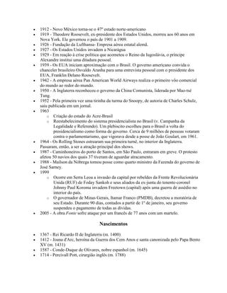  1912 - Novo México torna-se o 47º estado norte-americano
 1919 - Theodore Roosevelt, ex-presidente dos Estados Unidos, morreu aos 60 anos em
Nova York. Ele governou o país de 1901 a 1909.
 1926 - Fundação da Lufthansa- Empresa aérea estatal alemã.
 1927 - Os Estados Unidos invadem a Nicarágua
 1929 - Em reação à crise política que acometeu o Reino da Iugoslávia, o príncipe
Alexandre institui uma ditadura pessoal.
 1939 - Os EUA iniciam aproximação com o Brasil. O governo americano convida o
chanceler brasileiro Osvaldo Aranha para uma entrevista pessoal com o presidente dos
EUA, Franklin Delano Roosevelt.
 1942 - A empresa aérea Pan American World Airways realiza o primeiro vôo comercial
do mundo ao redor do mundo.
 1950 - A Inglaterra reconheceu o governo da China Comunista, liderada por Mao-tsé
Tung.
 1952 - Pela primeira vez uma tirinha da turma do Snoopy, de autoria de Charles Schulz,
saiu publicada em um jornal.
 1963
o Criação do estado do Acre-Brasil
o Reestabelecimento do sistema presidencialista no Brasil (v. Campanha da
Legalidade e Referendo). Um plebiscito escolheu para o Brasil a volta do
presidencialismo como forma de governo. Cerca de 9 milhões de pessoas votaram
contra o parlamentarismo, que vigorava desde a posse de João Goulart, em 1961.
 1964 - Os Rolling Stones estrearam sua primeira turnê, no interior da Inglaterra.
Passaram, então, a ser a atração principal dos shows.
 1987 - Caminhoneiros do porto de Santos, em São Paulo, entraram em greve. O protesto
afetou 50 navios dos quais 37 tiveram de aguardar atracamento.
 1988 - Maílson da Nóbrega tomou posse como quarto ministro da Fazenda do governo de
José Sarney.
 1999
o Ocorre em Serra Leoa a invasão da capital por rebeldes da Frente Revolucionária
Unida (RUF) de Foday Sankoh e seus aliados da ex-junta do tenente-coronel
Johnny Paul Koroma invadem Freetown (capital) após uma guerra de assédio no
interior do país.
o O governador de Minas Gerais, Itamar Franco (PMDB), decretou a moratória de
seu Estado. Durante 90 dias, contados a partir de 1º de janeiro, seu governo
suspendeu o pagamento de todas as dívidas.
 2005 - A obra Fonte sofre ataque por um francês de 77 anos com um martelo.
Nascimentos
 1367 - Rei Ricardo II de Inglaterra (m. 1400)
 1412 - Joana d'Arc, heroína da Guerra dos Cem Anos e santa canonizada pelo Papa Bento
XV (m. 1431)
 1587 - Conde-Duque de Olivares, nobre espanhol (m. 1645)
 1714 - Percivall Pott, cirurgião inglês (m. 1788)
 