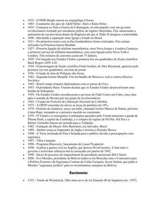  1835 - O HMS Beagle ancora no arquipélago Chonos
 1885 - Casamento dos pais de Adolf Hitler: Alois e Klara Hitler.
 1835 - Começou no Pará a Guerra de Cabanagem, revolta popular com um governo
revolucionário formado por moradores pobres de regiões ribeirinhas. Eles anunciaram a
autonomia de sua província diante da Regência até que d. Pedro II atingisse a maioridade.
 1890 - Decretada a separação entre Igreja e Estado no Brasil.
 1911 - Os primeiros testes com aviões bombardeiros foram realizados. Eles seriam
utilizados na Primeira Guerra Mundial.
 1927 - Primeira ligação de telefone transatlântica, entre Nova Iorque e Londres.Começou
o primeiro serviço de telefonia transatlântica, com uma ligação entre Nova York e
Londres. Três minutos de conversa custavam 75 dólares.
 1929 - Foi lançada nos Estados Unidos a primeira tira em quadrinhos de ficção científica:
Buck Rogers 2429 A.D..
 1934 - O personagem de ficção científica Flash Gordon, de Alex Raymond, apareceu pela
primeira vez nos quadrinhos, em tiras de jornal.
 1936 - Criação da área do Polígono das Secas.
 1942 - Segunda Guerra Mundial: Fim da batalha de Moscovo, com a contra-ofensiva
Soviética.
 1942 - Brasil rompe relações diplomáticas com os países do Eixo.
 1953 - O presidente Harry Truman declara que os Estados Unidos desenvolveram uma
bomba de hidrogênio
 1959 - Os Estados Unidos reconheceram o governo de Fidel Castro em Cuba, cinco dias
após a tomada de Havana por um grupo de revolucionários.
 1965 - Criação do Exército de Libertação Nacional da Colômbia.
 1975 - A OPEP concorda em elevar as taxas do petróleo em 10%.
 1978 - História da Antártica: nasce um bebê, chamado Emilio Marcos de Palma, próximo
à baía Hope, tornando-se o primeiro nascido no continente.
 1979 - O Vietnã e os insurgentes Cambojanos apoiados pelo Vietnã anunciam a queda de
Phnom Penh, a capital do Cambodja, e o colapso do regime de Pol Pot. Pol Pot e o
Khmer Vermelho batem em retirada para a Tailândia.
 1982 - Fundação do Museu Afro-Brasileiro, em Salvador, Brasil
 1989 - Akihito torna-se Imperador do Japão e termina o Período Showa.
 1990 - A Torre inclinada de Pisa é fechada para o público devido a preocupações com
segurança.
 1997 - Tibia é lançado
 1998 - Programa Discovery: lançamento do Lunar Prospector.
 1998 - Acabou a guerra civil na Argélia, que deixou 80 mil mortos. A luta entre o
governo e terroristas islâmicos havia começado em janeiro de 1992.
 1998 - Início do processo de impeachment do presidente americano Bill Clinton
 2006 - Evo Morales, presidente da Bolívia reúne-se em Bruxelas com o Comissário para
a Política Externa e de Segurança Comum da União Europeia, Javier Solana, que pediu a
Morales "segurança jurídica" para os investimentos europeus na Bolívia.
Nascimentos
 1355 - Tomás de Woodstock, filho mais novo do rei Eduardo III de Inglaterra (m. 1397).
 