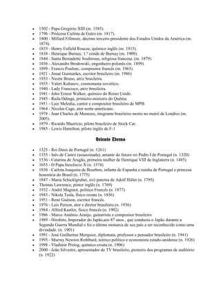  1502 - Papa Gregório XIII (m. 1585).
 1796 - Princesa Carlota de Gales (m. 1817).
 1800 - Millard Fillmore, décimo terceiro presidente dos Estados Unidos da América (m.
1874).
 1833 - Henry Enfield Roscoe, químico inglês (m. 1915).
 1838 - Henrique Burnay, 1.º conde de Burnay (m. 1909).
 1844 - Santa Bernadette Soubirous, religiosa francesa. (m. 1879)
 1856 - Alexandre Brodowski, engenheiro polonês (m. 1899).
 1899 - Francis Poulenc, compositor francês (m. 1963).
 1921 - Josué Guimarães, escritor brasileiro (m. 1986)
 1933 - Nicete Bruno, atriz brasileira.
 1935 - Valeri Kubasov, cosmonauta soviético.
 1940 - Lady Francisco, atriz brasileira.
 1941 - John Ernest Walker, químico do Reino Unido.
 1945 - Raila Odinga, primeiro-ministro do Quênia.
 1951 - Luiz Melodia, cantor e compositor brasileiro de MPB.
 1964 - Nicolas Cage, ator norte-americano.
 1978 - Jean Charles de Menezes, imigrante brasileiro morto no metrô de Londres (m.
2005).
 1979 - Ricardo Maurício, piloto brasileiro de Stock Car.
 1985 - Lewis Hamilton, piloto inglês de F-1
Oriente Eterno
 1325 - Rei Dinis de Portugal (n. 1261)
 1355 - Inês de Castro (assassinada), amante do futuro rei Pedro I de Portugal (n. 1320)
 1536 - Catarina de Aragão, primeira mulher de Henrique VIII de Inglaterra (n. 1485)
 1655 - O Papa Inocêncio X (n. 1574)
 1830 - Carlota Joaquina de Bourbon, infanta de Espanha e rainha de Portugal e princesa
honorária do Brasil (n. 1775)
 1847 - Maria Schicklgruber, avó paterna de Adolf Hitler (n. 1795)
 Thomas Lawrence, pintor inglês (n. 1769)
 1932 - André Maginot, político Francês (n. 1877)
 1943 - Nikola Tesla, físico croata (n. 1856)
 1951 - René Guénon, escritor francês.
 1976 - Luís Person, ator e diretor brasileiro (n. 1936)
 1984 - Alfred Kastler, físico francês (n. 1902)
 1986 - Marco Antônio Araújo, guitarrista e compositor brasileiro
 1989 - Hirohito, Imperador do Japão,aos 87 anos , que conduziu o Japão durante a
Segunda Guerra Mundial e foi o último monarca de seu país a ser reconhecido como uma
divindade. (n. 1901)
 1991 - José Guilherme Merquior, diplomata, professor e pensador brasileiro (n. 1941)
 1995 - Murray Newton Rothbard, teórico político e economista estado-unidense (n. 1926)
 1998 - Vladimir Prelog, químico croata (n. 1906)
 2000 - João Silvestre, apresentador de TV brasileiro, pioneiro dos programas de auditório
(n. 1922)
 