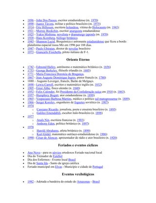  1896 - John Dos Passos, escritor estadunidense (m. 1970)
 1898 - Juarez Távora, militar e político brasileiro (m. 1975)
 1914 - Etty Hillesum, escritora holandesa, vítima do Holocausto (m. 1943)
 1921 - Murray Bookchin, escritor anarquista estadunidense
 1925 - Yukio Mishima, novelista e dramaturgo japonês (m. 1970)
 1928 - Hans Kornberg, biólogo britânico.
 1943 - Shannon Lucid, Bioquímica e astronauta estadunidense que ficou a bordo
plataforma espacial russa Mir em 1996 por 188 dias.
 1947 - Paulo Ubiratan, diretor de novelas brasileiro
 1973 - Giancarlo Fisichella, piloto italiano de F-1.
Oriente Eterno
 1742 - Edmond Halley, astrônomo e matemático britânico (n. 1656)
 1753 - George Berkeley, filósofo irlandês (n. 1685)
 1771 - Maria Francisca Doroteia de Bragança,
 1867 - Jean Auguste Dominique Ingres, pintor francês (n. 1780)
 1880 – Augusto Leverger, francês, Barão de Melgaço.
 1898 - Lewis Carroll, escritor e matemático inglês (m. 1832)
 1905 - Ernst Abbe, físico alemão (n. 1840)
 1952 - Felix Calonder, foi Presidente da Confederação suíça em 1918 (n. 1863).
 1957 - Humphrey Bogart, ator estadunidense (n. 1899)
 1965 - Vespasiano Barbosa Martins, médico e político sul-matogrossense (n. 1889).
 1966 - Sergei Korolev, engenheiro de foguetes soviético (n. 1907)
 1974
o Cassiano Ricardo, jornalista, poeta e ensaísta brasileiro (n. 1895)
o Galileo Emendabili, escultor ítalo-brasileiro (n. 1898)
 1977
o Anaïs Nin, escritora francesa (n. 1903)
o Anthony Eden, político britânico (n. 1897)
 1978
o Harold Abrahams, atleta britânico (n. 1899)
o Kurt Gödel, matemático autríaco-estadunidense (n. 1906)
 1990 - César de Alencar, apresentador de rádio e ator brasileiro (n. 1920)
Feriados e eventos cíclicos
 Ano Novo - para os sérvios ortodoxos Feriado nacional local
 Dia do Treinador de Futebol
 Dia dos Enfermos - Evento local Brasil
 Dia de Santa Ida - Santo da igreja católica
 Feriado municipal em Elvas - Município e cidade de Portugal
Eventos vexilológicos
 1982 - Adotada a bandeira do estado do Amazonas - Brasil
 