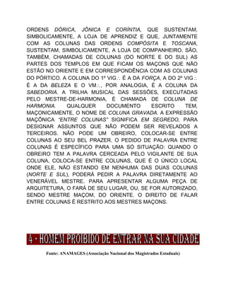 ORDENS DÓRICA, JÔNICA E CORÍNTIA, QUE SUSTENTAM,
SIMBOLICAMENTE, A LOJA DE APRENDIZ E QUE, JUNTAMENTE
COM AS COLUNAS DAS ORDENS COMPÓSITA E TOSCANA,
SUSTENTAM, SIMBOLICAMENTE, A LOJA DE COMPANHEIRO. SÃO,
TAMBÉM, CHAMADAS DE COLUNAS (DO NORTE E DO SUL) AS
PARTES DOS TEMPLOS EM QUE FICAM OS MAÇONS QUE NÃO
ESTÃO NO ORIENTE E EM CORRESPONDÊNCIA COM AS COLUNAS
DO PÓRTICO. A COLUNA DO 1º VIG É A DA FORÇA, A DO 2º VIG
É A DA BELEZA E O VM, POR ANALOGIA, É A COLUNA DA
SABEDORIA. A TRILHA MUSICAL DAS SESSÕES, EXECUTADAS
PELO MESTRE-DE-HARMONIA, É CHAMADA DE COLUNA DE
HARMONIA. QUALQUER DOCUMENTO ESCRITO TEM,
MAÇONICAMENTE, O NOME DE COLUNA GRAVADA. A EXPRESSÃO
MAÇÔNICA “ENTRE COLUNAS” SIGNIFICA EM SEGREDO, PARA
DESIGNAR ASSUNTOS QUE NÃO PODEM SER REVELADOS A
TERCEIROS. NÃO PODE UM OBREIRO, COLOCAR-SE ENTRE
COLUNAS AO SEU BEL PRAZER. O PEDIDO DE PALAVRA ENTRE
COLUNAS É ESPECÍFICO PARA UMA SÓ SITUAÇÃO: QUANDO O
OBREIRO TEM A PALAVRA CERCEADA PELO VIGILANTE DE SUA
COLUNA, COLOCA-SE ENTRE COLUNAS, QUE É O ÚNICO LOCAL
ONDE ELE, NÃO ESTANDO EM NENHUMA DAS DUAS COLUNAS
(NORTE E SUL), PODERÁ PEDIR A PALAVRA DIRETAMENTE AO
VENERÁVEL MESTRE. PARA APRESENTAR ALGUMA PEÇA DE
ARQUITETURA, O FARÁ DE SEU LUGAR, OU, SE FOR AUTORIZADO,
SENDO MESTRE MAÇOM, DO ORIENTE. O DIREITO DE FALAR
ENTRE COLUNAS É RESTRITO AOS MESTRES MAÇONS.
Fonte: ANAMAGES (Associação Nacional dos Magistrados Estaduais)
 