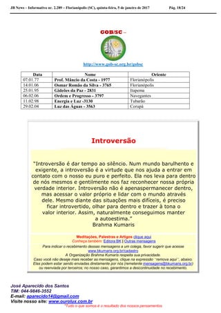 JB News – Informativo nr. 2.289 – Florianópolis (SC), quinta-feira, 5 de janeiro de 2017 Pág. 18/24
GOB/SC –
http://www.gob-sc.org.br/gobsc
Data Nome Oriente
07.01.77 Prof. Mâncio da Costa - 1977 Florianópolis
14.01.06 Osmar Romão da Silva - 3765 Florianópolis
25.01.95 Gideões da Paz - 2831 Itapema
06.02.06 Ordem e Progresso - 3797 Navegantes
11.02.98 Energia e Luz -3130 Tubarão
29.02.04 Luz das Águas - 3563 Corupá
Introversão
“Introversão é dar tempo ao silêncio. Num mundo barulhento e
exigente, a introversão é a virtude que nos ajuda a entrar em
contato com o nosso eu puro e perfeito. Ela nos leva para dentro
de nós mesmos e gentilmente nos faz reconhecer nossa própria
verdade interior. Introversão não é apenaspermanecer dentro,
mas acessar o valor próprio e lidar com o mundo através
dele. Mesmo diante das situações mais difíceis, é preciso
ficar introvertido, olhar para dentro e trazer à tona o
valor interior. Assim, naturalmente conseguimos manter
a autoestima.”
Brahma Kumaris
Meditações, Palestras e Artigos clique aqui
Conheça também: Editora BK | Outras mensagens
Para indicar o recebimento dessas mensagens a um colega, favor sugerir que acesse
www.bkumaris.org.br/cadastro
A Organização Brahma Kumaris respeita sua privacidade.
Caso você não deseje mais receber as mensagens, clique na expressão “remova aqui”, abaixo.
Elas podem estar sendo enviadas diretamente por nós (remetente mensagens@bkumaris.org.br)
ou reenviada por terceiros; no nosso caso, garantimos a descontinuidade no recebimento.
José Aparecido dos Santos
TIM: 044-9846-3552
E-mail: aparecido14@gmail.com
Visite nosso site: www.ourolux.com.br
"Tudo o que somos é o resultado dos nossos pensamentos
 