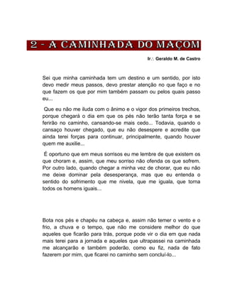IrGeraldo M. de Castro
Sei que minha caminhada tem um destino e um sentido, por isto
devo medir meus passos, devo prestar atenção no que faço e no
que fazem os que por mim também passam ou pelos quais passo
eu...
Que eu não me iluda com o ânimo e o vigor dos primeiros trechos,
porque chegará o dia em que os pés não terão tanta força e se
ferirão no caminho, cansando-se mais cedo... Todavia, quando o
cansaço houver chegado, que eu não desespere e acredite que
ainda terei forças para continuar, principalmente, quando houver
quem me auxilie...
É oportuno que em meus sorrisos eu me lembre de que existem os
que choram e, assim, que meu sorriso não ofenda os que sofrem.
Por outro lado, quando chegar a minha vez de chorar, que eu não
me deixe dominar pela desesperança, mas que eu entenda o
sentido do sofrimento que me nivela, que me iguala, que torna
todos os homens iguais...
Bota nos pés e chapéu na cabeça e, assim não temer o vento e o
frio, a chuva e o tempo, que não me considere melhor do que
aqueles que ficarão para trás, porque pode vir o dia em que nada
mais terei para a jornada e aqueles que ultrapassei na caminhada
me alcançarão e também poderão, como eu fiz, nada de fato
fazerem por mim, que ficarei no caminho sem concluí-lo...
 