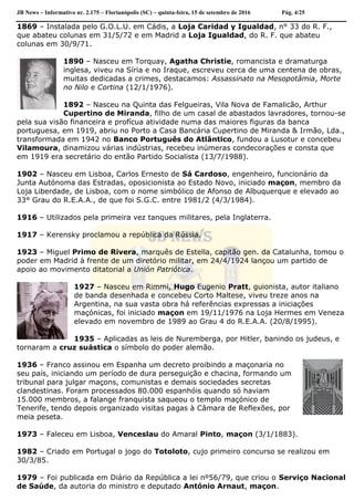 JB News – Informativo nr. 2.175 – Florianópolis (SC) – quinta-feira, 15 de setembro de 2016 Pág. 4/25
1869 – Instalada pelo G.O.L.U. em Cádis, a Loja Caridad y Igualdad, n° 33 do R. F.,
que abateu colunas em 31/5/72 e em Madrid a Loja Igualdad, do R. F. que abateu
colunas em 30/9/71.
1890 – Nasceu em Torquay, Agatha Christie, romancista e dramaturga
inglesa, viveu na Síria e no Iraque, escreveu cerca de uma centena de obras,
muitas dedicadas a crimes, destacamos: Assassinato na Mesopotâmia, Morte
no Nilo e Cortina (12/1/1976).
1892 – Nasceu na Quinta das Felgueiras, Vila Nova de Famalicão, Arthur
Cupertino de Miranda, filho de um casal de abastados lavradores, tornou-se
pela sua visão financeira e profícua atividade numa das maiores figuras da banca
portuguesa, em 1919, abriu no Porto a Casa Bancária Cupertino de Miranda & Irmão, Lda.,
transformada em 1942 no Banco Português do Atlântico, fundou a Lusotur e concebeu
Vilamoura, dinamizou várias indústrias, recebeu inúmeras condecorações e consta que
em 1919 era secretário do então Partido Socialista (13/7/1988).
1902 – Nasceu em Lisboa, Carlos Ernesto de Sá Cardoso, engenheiro, funcionário da
Junta Autónoma das Estradas, oposicionista ao Estado Novo, iniciado maçon, membro da
Loja Liberdade, de Lisboa, com o nome simbólico de Afonso de Albuquerque e elevado ao
33° Grau do R.E.A.A., de que foi S.G.C. entre 1981/2 (4/3/1984).
1916 – Utilizados pela primeira vez tanques militares, pela Inglaterra.
1917 – Kerensky proclamou a república da Rússia.
1923 – Miguel Primo de Rivera, marquês de Estella, capitão gen. da Catalunha, tomou o
poder em Madrid à frente de um diretório militar, em 24/4/1924 lançou um partido de
apoio ao movimento ditatorial a Unión Patriótica.
1927 – Nasceu em Rimmi, Hugo Eugenio Pratt, guionista, autor italiano
de banda desenhada e concebeu Corto Maltese, viveu treze anos na
Argentina, na sua vasta obra há referências expressas a iniciações
maçónicas, foi iniciado maçon em 19/11/1976 na Loja Hermes em Veneza
elevado em novembro de 1989 ao Grau 4 do R.E.A.A. (20/8/1995).
1935 – Aplicadas as leis de Nuremberga, por Hitler, banindo os judeus, e
tornaram a cruz suástica o símbolo do poder alemão.
1936 – Franco assinou em Espanha um decreto proibindo a maçonaria no
seu país, iniciando um período de dura perseguição e chacina, formando um
tribunal para julgar maçons, comunistas e demais sociedades secretas
clandestinas. Foram processados 80.000 espanhóis quando só haviam
15.000 membros, a falange franquista saqueou o templo maçónico de
Tenerife, tendo depois organizado visitas pagas à Câmara de Reflexões, por
meia peseta.
1973 – Faleceu em Lisboa, Venceslau do Amaral Pinto, maçon (3/1/1883).
1982 – Criado em Portugal o jogo do Totoloto, cujo primeiro concurso se realizou em
30/3/85.
1979 – Foi publicada em Diário da República a lei nº56/79, que criou o Serviço Nacional
de Saúde, da autoria do ministro e deputado António Arnaut, maçon.
 