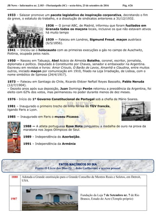 JB News – Informativo nr. 2.183 – Florianópolis (SC) – sexta-feira, 23 de setembro de 2016 Pág. 4/26
1933 – Salazar promove um pacote legislativo de inspiração corporativa, decretando o fim
da greve, o estatuto do trabalho, e a dissolução de sindicatos anteriores a 31/12/1932.
1936 — O jornal ABC, de Madrid, informou que foram fuzilados em
Granada todos os maçons locais, inclusive os que não estavam ativos
há muito tempo
1939 — Faleceu em Londres, Sigmund Freud, maçon austríaco
(6/5/1856).
1941 — Iniciou-se o holocausto com as primeiras execuções a gás no campo de Auschwitz,
Polónia, ocupada pelos nazis.
1950 — Nasceu em Tabuaço, Abel Acácio de Almeida Botelho, coronel, escritor, jornalista,
diplomata e político. Deputado à Constituinte por Chaves, senador e embaixador na Argentina.
Escreveu em revistas e livros: Amor Crioulo, O Barão de Lavos, Amanhã e Claudina, entre muitos
outros, iniciado maçon por comunicação em 1910, filiado na Loja Irradiação, de Lisboa, com o
nome simbólico de Spinosa (24/4/1917).
1973 — Faleceu em Santiago do Chile, Ricardo Eliézer Neftalí Reyes Basoalto, Pablo Neruda
(12/7/1904).
– Dezoito anos após sua deposição, Juan Domingo Perón retornou a presidência da Argentina, foi
eleito com 62% dos votos, mas permaneceu no poder durante menos de dez meses.
1976 - Início do 1º Governo Constitucional de Portugal sob a chefia de Mário Soares.
1981 – Inaugurado o primeiro trecho de linha férrea do TGV francês,
ligando Paris a Lyon.
1985 — Inaugurado em Paris o museu Picasso.
1988 — A atleta portuguesa Rosa Mota conquistou a medalha de ouro na prova da
maratona nos Jogos Olímpicos de Seul.
1989 – Independência do Azerbeijão.
1991 – Independência da Arménia
1880 Adotada a Grande onstituição para o Grande Conselho de Mestres Reais e Seletos, em Detroit,
USA.
1987
Fundação da Loja 7 de Setembro nr. 7 de Rio
Branco, Estado do Acre (Templo próprio)
Fatos maçônicos do dia
Fonte: O Livro dos Dias (Ir João Guilherme) e acervo pessoal
 