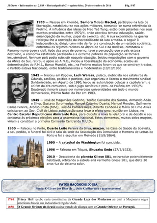 JB News – Informativo nr. 2.189 – Florianópolis (SC) – quinta-feira, 29 de setembro de 2016 Pág. 5/47
1933 — Nasceu em Xilembe, Samora Moisés Machel, participou na luta de
libertação, notabilizou-se nas ações militares, tornando-se numa referência da
Frelimo. A influência das ideias de Mao Tsé Tung, estão bem patentes nos seus
escritos produzidos entre 1970/4, onde abordou temas: educação, saúde,
emancipação da mulher, papel do exercito, etc. A sua experiência na guerra
reforçou-lhe a convicção da inevitabilidade da luta armada. A seguir à
independência, dirigiu com mão de ferro a construção de um estado socialista,
enfrentou os regimes racistas da África do Sul e da Rodésia, combateu a
Renamo numa guerra civil. Após dez anos de governo, teve a percepção que o país estava
destruído, a economia estatizada paralisada e a extrema pobreza da população se tornara
insustentável. Nenhum país podia subsistir naquela situação. Iniciou negociações com o governo
da África do Sul, retirou o apoio ao A.N.C., iniciou a liberalização da economia, acatou as
determinações do F.M.I., Banco Mundial, etc., na Frelimo muitos foram os que se sentiram traídos,
o Partido estava fracionado, entre tradicionalistas e modernistas (19/10/1986
1943 — Nasceu em Popovo, Lech Walesa, polaco, eletricista nos estaleiros de
Gdansk, católico, político e patriota, que organizou e liderou o movimento sindical
Solidariedade, em Agosto de 1980, levou as autoridades polacas a capitularem, e
ao fim da era comunista, sob o jugo soviético e pres. da Polónia em 1990/5.
Doutorado honoris causa por numerosas universidades em todo o mundo
democrático, Prémio Nobel da Paz em 1983.
1945 — José de Magalhães Godinho, Teófilo Carvalho dos Santos, Armando Adão
e Silva, Gustavo Soromenho, Manuel Catarino Duarte, Manuel Mendes, Guilherme
Canas Pereira, Afonso Costa (filho), Luís da Câmara Reys, Alberto Candeias e Mário de Lima Alves
solicitaram ao Gov. Civil de Lisboa autorização para levar a efeito uma reunião em Lisboa, no
Centro Escolar Republicano Almirante Reis, para discutir a nova lei eleitoral e de decidir o seu
concurso às próximas eleições para a Assembleia Nacional. Estes elementos, muitos deles maçons,
viriam a constituir a primeira Comissão Central do M.U.D..
1950 — Faleceu no Porto, Duarte Leite Pereira da Silva, maçon, na Casa de Saúde da Boavista,
a seu pedido, o funeral foi civil e saiu da sede da Associação dos Jornalistas e Homens de Letras do
Porto e foi a sepultar em Meinedo (11/8/1864).
1990 – A catedral de Washington foi concluída.
1996 — Faleceu em Tóquio, Shusaku Endo (27/3/1923).
2010 – Descoberta do planeta Gliese 581, extra-solar potencialmente
habitável, orbitando a estrela anã vermelha Gliese 581, que dista 20
anos-luz do sistema solar.
1784 Prince Hall recebe carta constitutiva da Grande Loja dos Modernos na qual a Maçonaria negra
americana baseia sua indiscutível regularidade.
1858 O Grande Oriente do Brasil assina tratado de aliança com o Grande Oriente de Portugal.
Fatos maçônicos do dia
Fonte: O Livro dos Dias (Ir João Guilherme) e acervo pessoal
 