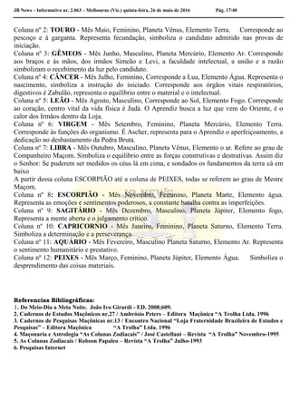 JB News – Informativo nr. 2.063 – Melbourne (Vic.) quinta-feira, 26 de maio de 2016 Pág. 17/40
Coluna nº 2: TOURO - Mês Maio, Feminino, Planeta Vênus, Elemento Terra. Corresponde ao
pescoço e à garganta. Representa fecundação, simboliza o candidato admitido nas provas de
iniciação.
Coluna nº 3: GÊMEOS - Mês Junho, Masculino, Planeta Mercúrio, Elemento Ar. Corresponde
aos braços e às mãos, dos irmãos Simeão e Levi, a faculdade intelectual, a união e a razão
simbolizam o recebimento da luz pelo candidato.
Coluna nº 4: CÂNCER - Mês Julho, Feminino, Corresponde a Lua, Elemento Água. Representa o
nascimento, simboliza a instrução do iniciado. Corresponde aos órgãos vitais respiratórios,
digestivos é Zabulão, representa o equilíbrio entre o material e o intelectual.
Coluna nº 5: LEÃO - Mês Agosto, Masculino, Corresponde ao Sol, Elemento Fogo. Corresponde
ao coração, centro vital da vida física é Judá. O Aprendiz busca a luz que vem do Oriente, é o
calor dos Irmãos dentro da Loja.
Coluna nº 6: VIRGEM - Mês Setembro, Feminino, Planeta Mercúrio, Elemento Terra.
Corresponde às funções do organismo. É Ascher, representa para o Aprendiz o aperfeiçoamento, a
dedicação no desbastamento da Pedra Bruta.
Coluna nº 7: LIBRA - Mês Outubro, Masculino, Planeta Vênus, Elemento o ar. Refere ao grau de
Companheiro Maçom. Simboliza o equilíbrio entre as forças construtivas e destrutivas. Assim diz
o Senhor: Se puderem ser medidos os céus lá em cima, e sondados os fundamentos da terra cá em
baixo
A partir dessa coluna ESCORPIÃO até a coluna de PEIXES, todas se referem ao grau de Mestre
Maçom.
Coluna nº 8: ESCORPIÃO - Mês Novembro, Feminino, Planeta Marte, Elemento água.
Representa as emoções e sentimentos poderosos, a constante batalha contra as imperfeições.
Coluna nº 9: SAGITÁRIO - Mês Dezembro, Masculino, Planeta Júpiter, Elemento fogo,
Representa a mente aberta e o julgamento crítico.
Coluna nº 10: CAPRICORNIO - Mês Janeiro, Feminino, Planeta Saturno, Elemento Terra.
Simboliza a determinação e a perseverança.
Coluna nº 11: AQUÁRIO - Mês Fevereiro, Masculino Planeta Saturno, Elemento Ar. Representa
o sentimento humanitário e prestativo.
Coluna nº 12: PEIXES - Mês Março, Feminino, Planeta Júpiter, Elemento Água. Simboliza o
desprendimento das coisas materiais.
Referencias Bibliográficas:
1. Do Meio-Dia a Meia Noite. João Ivo Girardi - ED. 2008;609.
2. Cadernos de Estudos Maçônicos nr.27 / Ambrósio Peters – Editora Maçônica “A Trolha Ltda. 1996
3. Cadernos de Pesquisas Maçônicas nr.13 / Encontro Nacional “Loja Fraternidade Brazileira de Estudos e
Pesquisas” – Editora Maçônica “A Trolha” Ltda. 1996
4. Maçonaria e Astrologia “As Colunas Zodiacais” / José Castellani – Revista “A Trolha” Novembro-1995
5. As Colunas Zodiacais / Robson Papaleo – Revista “A Trolha” Julho-1993
6. Pesquisas Internet
 