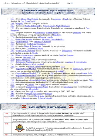 JB News – Informativo nr. 1.967 – Florianópolis (SC) – sábado, 20 de fevereiro de 2016 Pág. 3/29
 1255 - O rei Afonso III de Portugal doa os castelos de Ayamonte e Cacela para o Mestre da Ordem de
Santiago, D. Paio Peres Correia.
 1464 - Bragança é elevada à categoria de cidade.
 1653 - Termina a Batalha de Portland na Primeira Guerra Anglo-Holandesa
 1725 - O primeiro caso registado de escalpelização de um índio por brancos dá-se na colónia de New
Hampshire.
 1777 - Chegada, na enseada de Canasvieiras (Santa Catarina), de uma esquadra castelhana com 10 mil
homens, determinada a recuperar aquelas terras no sul brasileiro.
 1796 - Fundação dos condados de Jefferson e Lincoln.
 1827 - Guerra da Cisplatina: inicia-se a Batalha do Passo do Rosário.
 1832 - Charles Darwin visita Fernando de Noronha.
 1833 - Fundação do Condado de Champaign.
 1835 - A cidade chilena de Concepción é destruida por um terramoto.
 1854 - Fundação do Condado de Calhoun.
 1864 - Guerra Civil Americana: eclode a Batalha de Olustee - os confederados venceriam os unionistas
nesta batalha, no estado da Flórida.
 1865 - Guerra contra Aguirre: assinado acordo de paz entre o Brasil e o Uruguai.
 1878 - Eleito o Papa Leão XIII.
 1929 - Samoa Americana torna-se território estadunidense.
 1941 - Holocausto: Nazistas enviam o primeiro grupo de judeus para os campos de concentração.
 1941 - Criação do Correio Aéreo Nacional.
 1944 - As histórias de Batman e Robin estréiam nos jornais dos EUA
 1944 - Segunda Guerra Mundial: Militares alemães e japoneses são detidos em Buenos Aires, após ser
comprovado que exerciam actividades de espionagem na Argentina.
 1944 - Segunda Guerra Mundial: O 5º exército dos EUA chega ao Monte do Mosteiro em Cassino, Itália.
 1944 - Segunda Guerra Mundial: Início do "Big Week" (Semana Grande) com bombardeamentos aéreos
norte-americanos contra centros de produção de aviões alemães.
 1962 - Lançamento do astronauta John Glenn no primeiro vôo orbital dos EUA, usando um foguete Atlas.
 1974 - Palmeiras empata com o São Paulo por 0 a 0, e é o campeão brasileiro de 1973
 1978 - Delegação do Vaticano vem ao Brasil apurar denúncias de tortura
 1980 - o presidente estadunidense Jimmy Carter dá um ultimato aos soviéticos para a completa remoção
das tropas militares no Afeganistão.
 2002 - Ocorre uma data capicua quando a hora e a data atingem 20:02 20/02 2002.
 2005 - Realizam-se eleições legislativas em Portugal.
 2006 - O historiador britânico David Irving é condenado por um tribunal austríaco a três anos de prisão por
ter negado o Holocausto durante a II Guerra Mundial.
1748 Carta do governador da capitania de Santa Catarina, brigadeiro José da Silva Paes, ao rei D. João V,
informava sobre o precário estado de saúde dos colonos açorianos aqui estabelecidos.
1777
A esquadra espanhola sob o comando de D. Pedro de Zevallos fundeia frente à Praia de Canasvieiras,
preparando-se para o desembarque para ocupar a ilha de Santa Catarina.
1948
No dia 19 de fevereiro de 1948, ocorreu a emancipação político administrativa do município
de Tangará, fundado no dia 30.12. 58.
1954 Instalação do município de Xaxim, criado pela Lei nº 513 de 30 de dezembro de 1953.
Fatos históricos de santa Catarina
Eventos históricos - (Fonte: https://pt.wikipedia.org/wiki)
Aprofunde seu conhecimento clicando nas palavras sublinhadas
 