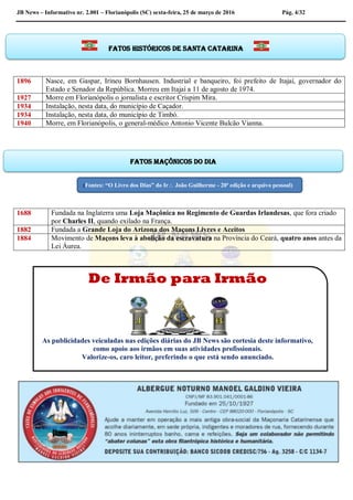 JB News – Informativo nr. 2.001 – Florianópolis (SC) sexta-feira, 25 de março de 2016 Pág. 4/32
1896 Nasce, em Gaspar, Irineu Bornhausen. Industrial e banqueiro, foi prefeito de Itajaí, governador do
Estado e Senador da República. Morreu em Itajaí a 11 de agosto de 1974.
1927 Morre em Florianópolis o jornalista e escritor Crispim Mira.
1934 Instalação, nesta data, do município de Caçador.
1934 Instalação, nesta data, do município de Timbó.
1940 Morre, em Florianópolis, o general-médico Antonio Vicente Bulcão Vianna.
1688 Fundada na Inglaterra uma Loja Maçônica no Regimento de Guardas Irlandesas, que fora criado
por Charles II, quando exilado na França.
1882 Fundada a Grande Loja do Arizona dos Maçons Livres e Aceitos
1884 Movimento de Maçons leva à abolição da escravatura na Província do Ceará, quatro anos antes da
Lei Áurea.
Fatos históricos de santa Catarina
Fatos maçônicos do dia
(Fontes: “O Livro dos Dias” do Ir João Guilherme - 20ª edição e arquivo pessoal)
De Irmão para Irmão
As publicidades veiculadas nas edições diárias do JB News são cortesia deste informativo,
como apoio aos irmãos em suas atividades profissionais.
Valorize-os, caro leitor, preferindo o que está sendo anunciado.
 
