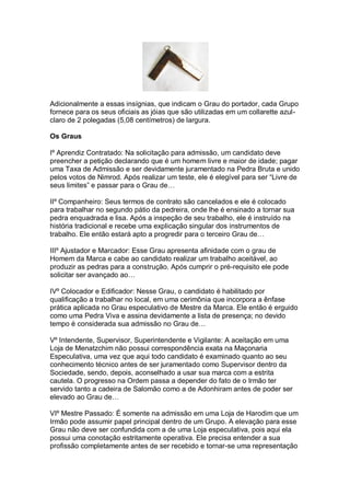 Adicionalmente a essas insígnias, que indicam o Grau do portador, cada Grupo
fornece para os seus oficiais as jóias que são utilizadas em um collarette azul-
claro de 2 polegadas (5,08 centímetros) de largura.
Os Graus
Iº Aprendiz Contratado: Na solicitação para admissão, um candidato deve
preencher a petição declarando que é um homem livre e maior de idade; pagar
uma Taxa de Admissão e ser devidamente juramentado na Pedra Bruta e unido
pelos votos de Nimrod. Após realizar um teste, ele é elegível para ser “Livre de
seus limites” e passar para o Grau de…
IIº Companheiro: Seus termos de contrato são cancelados e ele é colocado
para trabalhar no segundo pátio da pedreira, onde lhe é ensinado a tornar sua
pedra enquadrada e lisa. Após a inspeção de seu trabalho, ele é instruído na
história tradicional e recebe uma explicação singular dos instrumentos de
trabalho. Ele então estará apto a progredir para o terceiro Grau de…
IIIº Ajustador e Marcador: Esse Grau apresenta afinidade com o grau de
Homem da Marca e cabe ao candidato realizar um trabalho aceitável, ao
produzir as pedras para a construção. Após cumprir o pré-requisito ele pode
solicitar ser avançado ao…
IVº Colocador e Edificador: Nesse Grau, o candidato é habilitado por
qualificação a trabalhar no local, em uma cerimônia que incorpora a ênfase
prática aplicada no Grau especulativo de Mestre da Marca. Ele então é erguido
como uma Pedra Viva e assina devidamente a lista de presença; no devido
tempo é considerada sua admissão no Grau de…
Vº Intendente, Supervisor, Superintendente e Vigilante: A aceitação em uma
Loja de Menatzchim não possui correspondência exata na Maçonaria
Especulativa, uma vez que aqui todo candidato é examinado quanto ao seu
conhecimento técnico antes de ser juramentado como Supervisor dentro da
Sociedade, sendo, depois, aconselhado a usar sua marca com a estrita
cautela. O progresso na Ordem passa a depender do fato de o Irmão ter
servido tanto a cadeira de Salomão como a de Adonhiram antes de poder ser
elevado ao Grau de…
VIº Mestre Passado: É somente na admissão em uma Loja de Harodim que um
Irmão pode assumir papel principal dentro de um Grupo. A elevação para esse
Grau não deve ser confundida com a de uma Loja especulativa, pois aqui ela
possui uma conotação estritamente operativa. Ele precisa entender a sua
profissão completamente antes de ser recebido e tornar-se uma representação
 