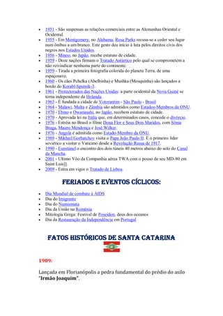  1951 - São suspensas as relações comerciais entre as Alemanhas Oriental e
Ocidental.
 1955 - Em Montgomery, no Alabama, Rosa Parks recusa-se a ceder seu lugar
num ônibus a um branco. Este gesto deu início à luta pelos direitos civis dos
negros nos Estados Unidos.
 1956 - Minoo, no Japão, recebe estatuto de cidade.
 1959 - Doze nações firmam o Tratado Antártico pelo qual se comprometem a
não reivindicar nenhuma parte do continente.
 1959 - Tirada a primeira fotografia colorida do planeta Terra, de uma
espaçonave.
 1960 - Os cães Pchelka (Abelhinha) e Mushka (Mosquinha) são lançados a
bordo do Korabl-Sputnik-3.
 1961 - Protectorados das Nações Unidas: a parte ocidental da Nova Guiné se
torna independente da Holanda.
 1963 - É fundada a cidade de Votorantim - São Paulo - Brasil
 1964 - Malawi, Malta e Zâmbia são admitidos como Estados-Membros da ONU.
 1970 - Ebino e Owariasahi, no Japão, recebem estatuto de cidade.
 1970 - Aprovada lei na Itália que, em determinados casos, concede o divórcio.
 1976 - Estréia no Brasil o filme Dona Flor e Seus Dois Maridos, com Sônia
Braga, Mauro Mendonça e José Wilker.
 1976 - Angola é admitida como Estado-Membro da ONU.
 1989 - Mikhail Gorbatchov visita o Papa João Paulo II. É o primeiro líder
soviético a visitar o Vaticano desde a Revolução Russa de 1917.
 1990 - Eurotúnel o encontro dos dois túneis 40 metros abaixo do solo do Canal
da Mancha.
 2001 - Ultimo Vôo da Companhia aérea TWA com o pouso de seu MD-80 em
Saint Luis]].
 2009 - Entra em vigor o Tratado de Lisboa.
Feriados e Eventos cíclicos:
 Dia Mundial de combate à AIDS
 Dia do Imigrante
 Dia do Numismata
 Dia da União na Romênia
 Mitologia Grega: Festival de Poseidon, deus dos oceanos
 Dia da Restauração da Independência em Portugal
Fatos Históricos de santa catarina
1909:
Lançada em Florianópolis a pedra fundamental do prédio do asilo
“Irmão Joaquim”.
 