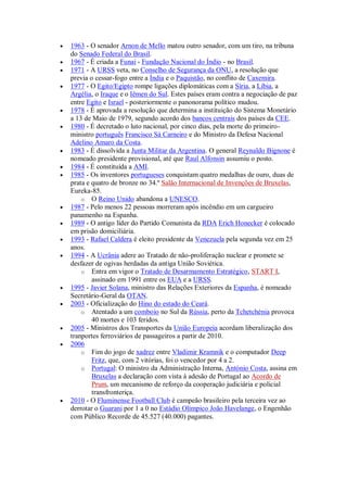  1963 - O senador Arnon de Mello matou outro senador, com um tiro, na tribuna
do Senado Federal do Brasil.
 1967 - É criada a Funai - Fundação Nacional do Índio - no Brasil.
 1971 - A URSS veta, no Conselho de Segurança da ONU, a resolução que
previa o cessar-fogo entre a Índia e o Paquistão, no conflito de Caxemira.
 1977 - O Egito/Egipto rompe ligações diplomáticas com a Síria, a Líbia, a
Argélia, o Iraque e o Iêmen do Sul. Estes países eram contra a negociação de paz
entre Egito e Israel - posteriormente o panonorama político mudou.
 1978 - É aprovada a resolução que determina a instituição do Sistema Monetário
a 13 de Maio de 1979, segundo acordo dos bancos centrais dos países da CEE.
 1980 - É decretado o luto nacional, por cinco dias, pela morte do primeiro-
ministro português Francisco Sá Carneiro e do Ministro da Defesa Nacional
Adelino Amaro da Costa.
 1983 - É dissolvida a Junta Militar da Argentina. O general Reynaldo Bignone é
nomeado presidente provisional, até que Raul Alfonsin assumiu o posto.
 1984 - É constituída a AMI.
 1985 - Os inventores portugueses conquistam quatro medalhas de ouro, duas de
prata e quatro de bronze no 34.º Salão Internacional de Invenções de Bruxelas,
Eureka-85.
o O Reino Unido abandona a UNESCO.
 1987 - Pelo menos 22 pessoas morreram após incêndio em um cargueiro
panamenho na Espanha.
 1989 - O antigo líder do Partido Comunista da RDA Erich Honecker é colocado
em prisão domiciliária.
 1993 - Rafael Caldera é eleito presidente da Venezuela pela segunda vez em 25
anos.
 1994 - A Ucrânia adere ao Tratado de não-proliferação nuclear e promete se
desfazer de ogivas herdadas da antiga União Soviética.
o Entra em vigor o Tratado de Desarmamento Estratégico, START I,
assinado em 1991 entre os EUA e a URSS.
 1995 - Javier Solana, ministro das Relações Exteriores da Espanha, é nomeado
Secretário-Geral da OTAN.
 2003 - Oficialização do Hino do estado do Ceará.
o Atentado a um comboio no Sul da Rússia, perto da Tchetchénia provoca
40 mortes e 103 feridos.
 2005 - Ministros dos Transportes da União Europeia acordam liberalização dos
tranportes ferroviários de passageiros a partir de 2010.
 2006
o Fim do jogo de xadrez entre Vladimir Kramnik e o computador Deep
Fritz, que, com 2 vitórias, foi o vencedor por 4 a 2.
o Portugal: O ministro da Administração Interna, António Costa, assina em
Bruxelas a declaração com vista à adesão de Portugal ao Acordo de
Prum, um mecanismo de reforço da cooperação judiciária e policial
transfronteriça.
 2010 - O Fluminense Football Club é campeão brasileiro pela terceira vez ao
derrotar o Guarani por 1 a 0 no Estádio Olímpico João Havelange, o Engenhão
com Público Recorde de 45.527 (40.000) pagantes.
 