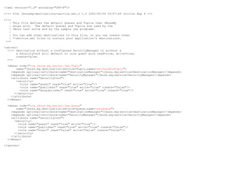 <?xml version="1.0" encoding="UTF-8"?>

<!-- $Id: jbossmq-destinations-service.xml,v 1.2 2002/05/04 03:07:49 chirino Exp $ -->

<!--
   |   This file defines the default Queues and Topics that JBossMQ
   |   ships with. The default Queues and Topics are used by the
   |   JBoss test suite and by the sample jms programs.
   |
   |   You can add other destinations to this file, or you can create other
   |   *-service.xml files to contain your application's destinations.
 -->

<server>
  <!-- Destination without a configured SecurityManager or without a
       a SecurityConf will default to role guest with read=true, write=true,
       create=false.
  -->

  <mbean code="org.jboss.mq.server.jmx.Topic"
       name="jboss.mq.destination:service=Topic,name=testDurableTopic">
    <depends optional-attribute-name="DestinationManager">jboss.mq:service=DestinationManager</depends>
    <depends optional-attribute-name="SecurityManager">jboss.mq:service=SecurityManager</depends>
    <attribute name="SecurityConf">
       <security>
         <role name="guest" read="true" write="true"/>
         <role name="publisher" read="true" write="true" create="false"/>
         <role name="durpublisher" read="true" write="true" create="true"/>
      </security>
    </attribute>
  </mbean>

  <mbean code="org.jboss.mq.server.jmx.Queue"
       name="jboss.mq.destination:service=Queue,name=testQueue">
    <depends optional-attribute-name="DestinationManager">jboss.mq:service=DestinationManager</depends>
    <depends optional-attribute-name="SecurityManager">jboss.mq:service=SecurityManager</depends>
    <attribute name="SecurityConf">
      <security>
        <role name="guest" read="true" write="true"/>
        <role name="publisher" read="true" write="true" create="false"/>
        <role name="noacc" read="false" write="false" create="false"/>
      </security>
    </attribute>
  </mbean>

</server>
 