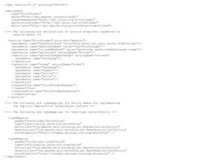<?xml version="1.0" encoding="UTF-8"?>

<deployment
    name="StockTrader"
    xmlns="http://xml.apache.org/axis/wsdd/"
    targetNamespace="http://net.jboss.org/stocktrader"
    xmlns:stocktrader="http://net.jboss.org/stocktrader"
    xmlns:java="http://xml.apache.org/axis/wsdd/providers/java">

<!-- The following are declarations of service endpoints targetted to
     session beans -->

  <service name="StockTrader" provider="Handler">
    <parameter name="handlerClass" value="org.jboss.net.axis.server.EJBProvider"/>
    <parameter name="beanJndiName" value="ejb/StockTrader"/>
    <parameter name="allowedMethods" value="getStocks getStocksByExchange trade"/>
    <operation name="getStocks" returnQName="stocks"/>
    <operation name="getStocksByExchange" returnQName="stocks">
      <parameter name="exchange"/>
    </operation>
    <operation name="trade" returnQName="order">
      <parameter name="exchange"/>
      <parameter name="symbol"/>
      <parameter name="action"/>
      <parameter name="price"/>
      <parameter name="shares"/>
    </operation>
    <requestFlow name="StockTraderRequest">
    </requestFlow>
    <responseFlow name="StockTraderResponse">
    </responseFlow>
  </service>

<!-- The following are typemappings for entity beans for implementing
     the implicit web-service value-object pattern -->

<!-- The following are typemappings for bean-type value-objects -->

  <typeMapping
      qname="stocktrader:StockValue"
      type="java:indyjug.jboss.ejb.StockValue"
      serializer="org.apache.axis.encoding.ser.BeanSerializerFactory"
      deserializer="org.apache.axis.encoding.ser.BeanDeserializerFactory"
      encodingStyle="http://schemas.xmlsoap.org/soap/encoding/" />

  <typeMapping
      qname="stocktrader:OrderValue"
      type="java:indyjug.jboss.ejb.OrderValue"
      serializer="org.apache.axis.encoding.ser.BeanSerializerFactory"
      deserializer="org.apache.axis.encoding.ser.BeanDeserializerFactory"
      encodingStyle="http://schemas.xmlsoap.org/soap/encoding/" />
</deployment>
 