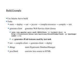 Build Example


 Use Jakarta Ant to build
 Tasks
   main → deploy → ear → jar,wsr → compile-resources → compile → init
   generate-client    generates Web Service client classes
     java org.apache.axis.wsdl.WSDL2Java -o <output-dir> -a
     http://localhost/jboss-net/services/StockTrader?wsdl -p <package-
     name> [-t]

     -t   generates JUnit testcase used by test task
   test → compile-client → generate-client → deploy
   dbmgr              starts Hypersonic DatabaseManager
   java2html          converts Java source to HTML
 