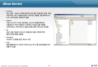 JBoss Servers

        • minimal
          최소 설정 - JBoss 시작에 필요한 최소한만 포함되어 있음. 로깅,
          JNDI서버, URL 디플로이먼트 스캐너만 포함됨. 웹 컨테이너나
          EJB, JMS지원은 포함되지 않음.
        • default
          기본 Java EE 5 서버 프로파일. Java EE 애플리케이션
          디플로이시 자주 사용되는 기본적인 구성요소를 포함함.
          JAXR서비스, IIOP서비스, 클러스터링 관련 서비스는 미포함
        • all
          모든 사용 가능한 서비스가 포함되어 있음. RMI/IIOP와
          클러스터링 등을 포함함
        • standard
          JavaEE 5 인증을 받은 JBoss 구성
        • web
          경량 웹컨테이너 기반의 서비스(Java EE 6 웹 프로파일을 미리
          맛볼 수 있음)




Copyright 2012 , Open Source Consulting, Inc. All Right Reserved   18
 