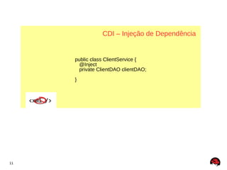 CDI – Injeção de Dependência


     public class ClientService {
       @Inject
       private ClientDAO clientDAO;
     }




11
 