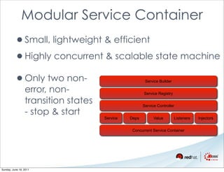Modular Service Container
          •Small, lightweight & efficient
          •Highly concurrent & scalable state machine
          •Only two non-                               Service Builder

                 error, non-                          Service Registry

                 transition states                    Service Controller
                 - stop & start
                                     Service   Deps         Value        Listeners   Injectors


                                                Concurrent Service Container




Sunday, June 19, 2011
 