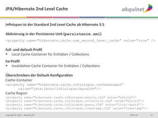 JPA/Hibernate	
  2nd	
  Level	
  Cache	
  


Inﬁnispan	
  ist	
  der	
  Standard	
  2nd	
  Level	
  Cache	
  ab	
  Hibernate	
  3.5	
  
	
  
AkBvierung	
  in	
  der	
  Persistence	
  Unit	
  (persistence.xml)	
  
	
  

<property name="hibernate.cache.use_second_level_cache" value="true" />
	
  
full-­‐	
  und	
  default-­‐Proﬁl	
  	
  
§  Local	
  Cache	
  Container	
  für	
  EnDtäten	
  /	
  CollecDons	
  
ha-­‐Proﬁl	
  
§  InvalidaDon	
  Cache	
  Container	
  für	
  EnDtäten	
  /	
  CollecDons	
  
	
  
Überschreiben	
  der	
  Default-­‐KonﬁguraBon	
  
Cache-­‐Container	
  
<property name="hibernate.cache.infinispan.cachemanager“
      value="java:jboss/infinispan/mycache"/>
Cache	
  Region	
  
<property                     name="hibernate.cache.infinispan.entity.cfg" value="entity"/>
<property                     name="hibernate.cache.infinispan.collection.cfg" value="entity"/>
<property                     name="hibernate.cache.infinispan.query.cfg" value="local-query"/>
<property                     name="hibernate.cache.infinispan.timestamp.cfg" value="timestamp"/>
	
  
Copyright	
  ©	
  2012	
  –	
  akquinet	
  AG	
                                              03.04.13	
     13	
  
 