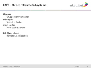 EAP6	
  –	
  Cluster-­‐relevante	
  Subsysteme	
  


JGroups	
  	
  
     GruppenkommunikaDon	
  
Inﬁnispan	
  
     Verteilter	
  Cache	
  
mod_cluster	
  
     HTTP	
  Load-­‐Balancer	
  
	
  
EJB	
  Client	
  Library	
  	
  
     Remote	
  EJB	
  InvocaDon	
  
	
  
	
  
	
  
	
  
	
  




Copyright	
  ©	
  2012	
  –	
  akquinet	
  AG	
      03.04.13	
     14	
  
 